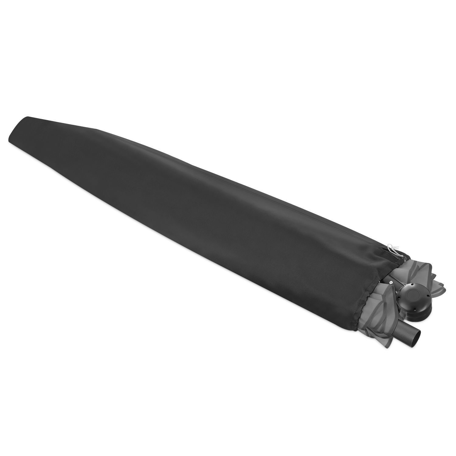 Zamknięty czarny parasol w pokrowcu ochronnym, widoczna rączka i mechanizm.