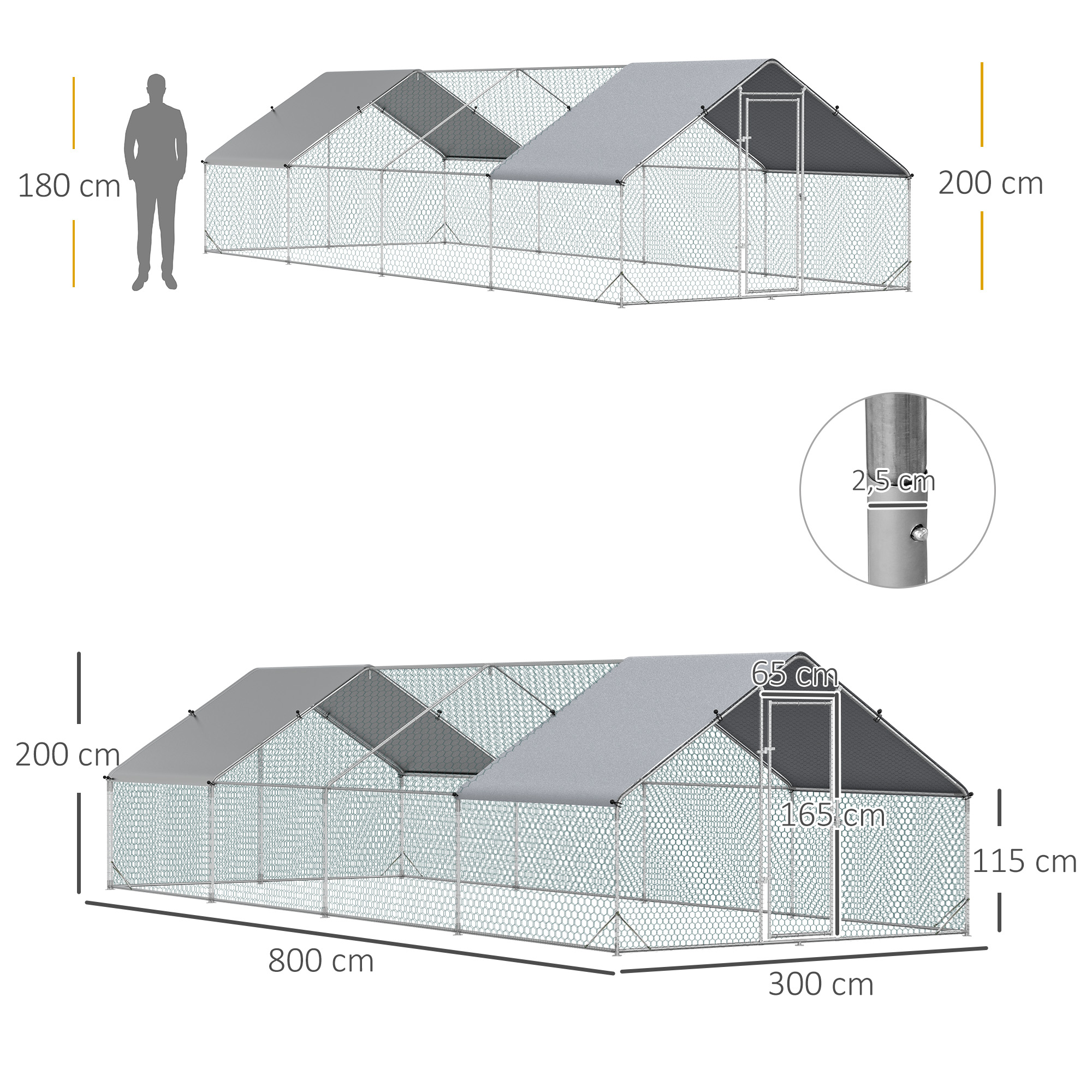 Un gallinero largo y rectangular con techo gris y estructura de malla. Se indican las dimensiones.