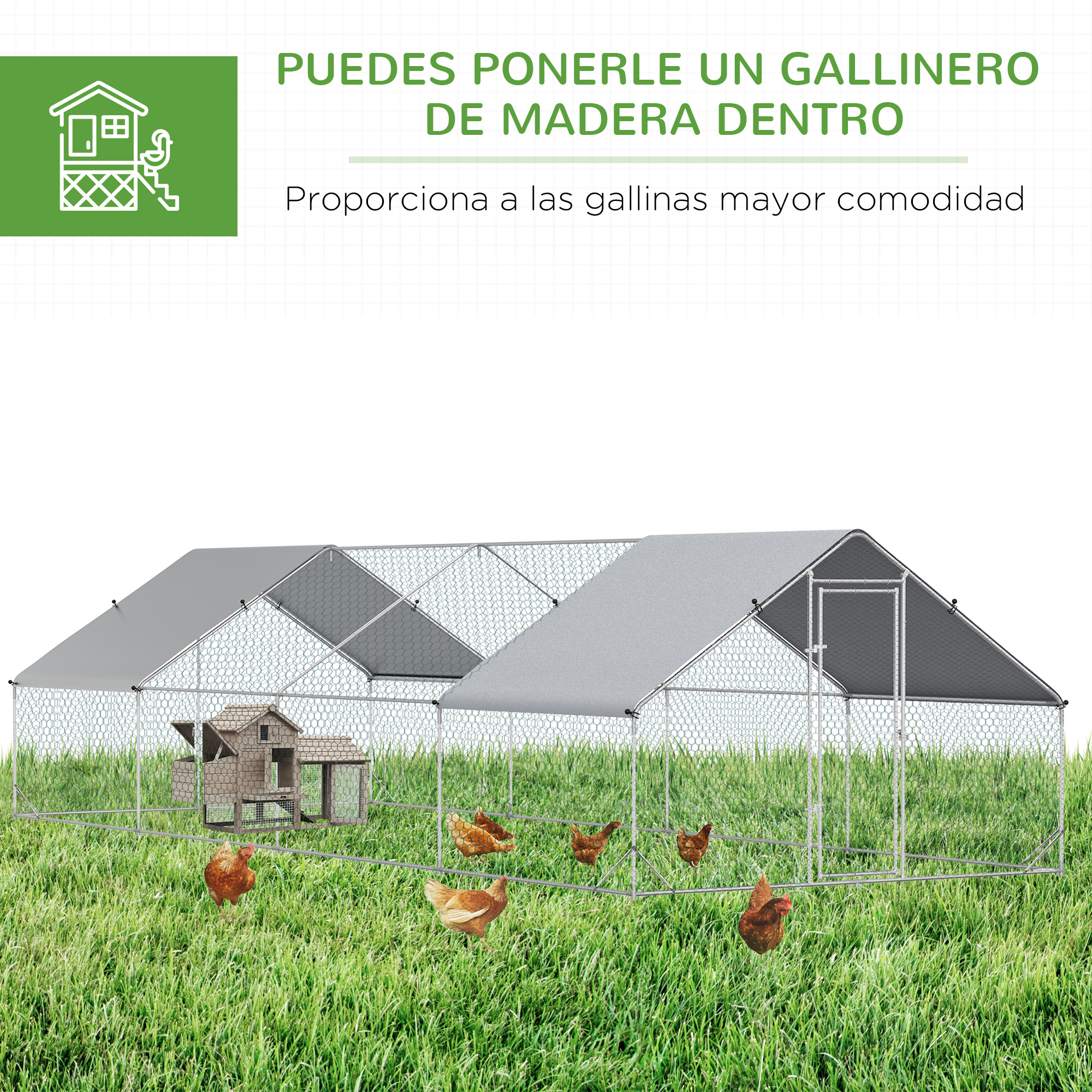 Un gran gallinero exterior con varias gallinas y una casa de madera.