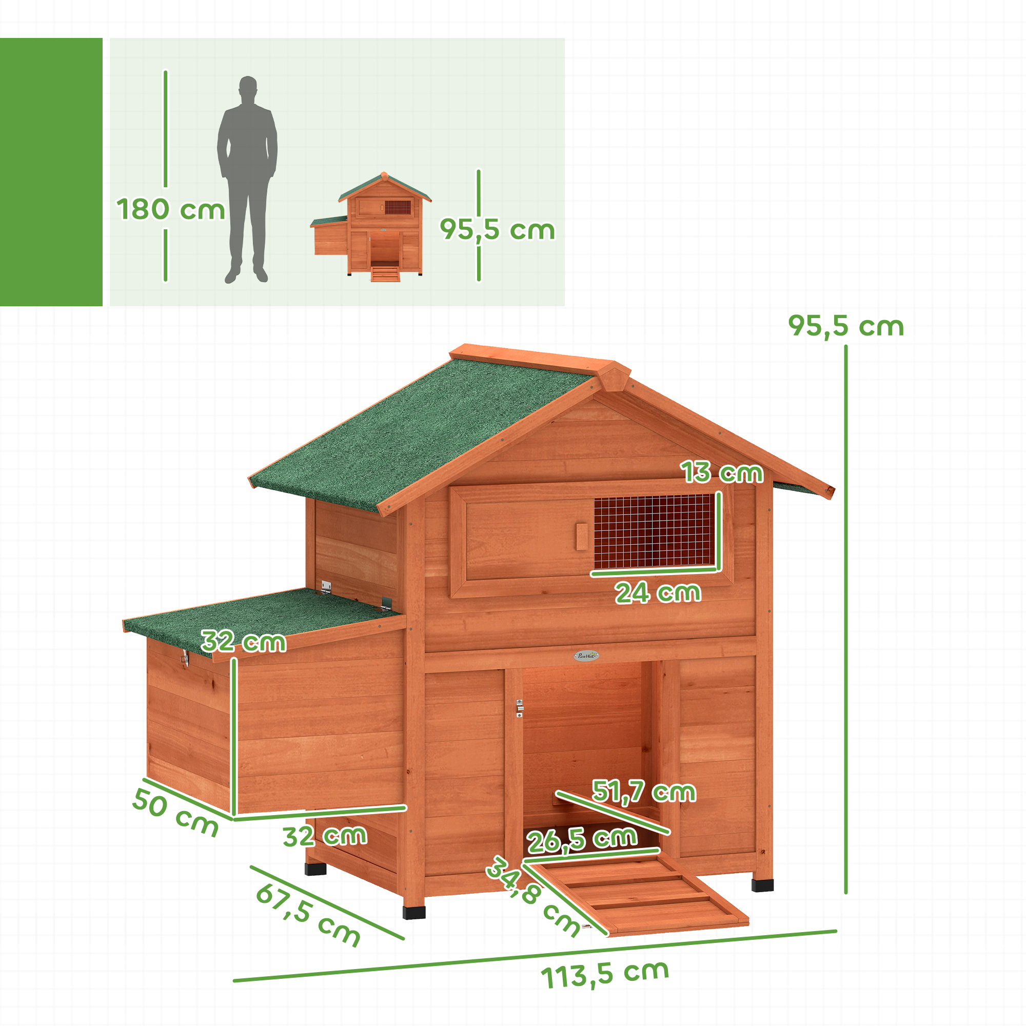 Gallinero de madera con techos verdes y dimensiones.