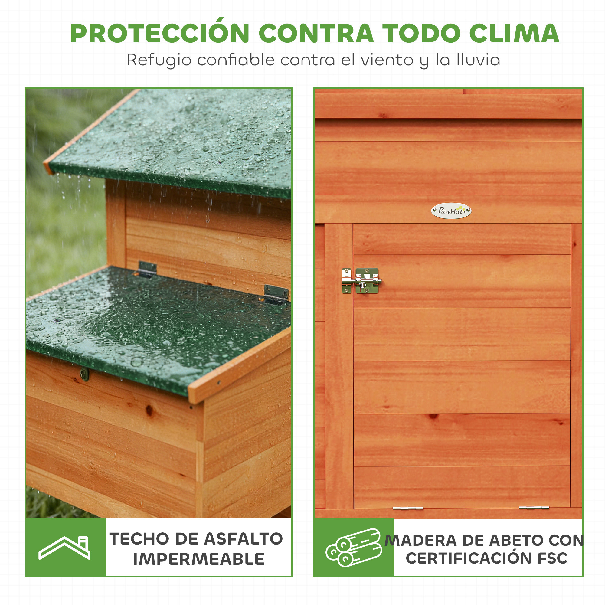 Casa de madera con techo verde bajo la lluvia. Puerta con pestillo y logo PawHut.