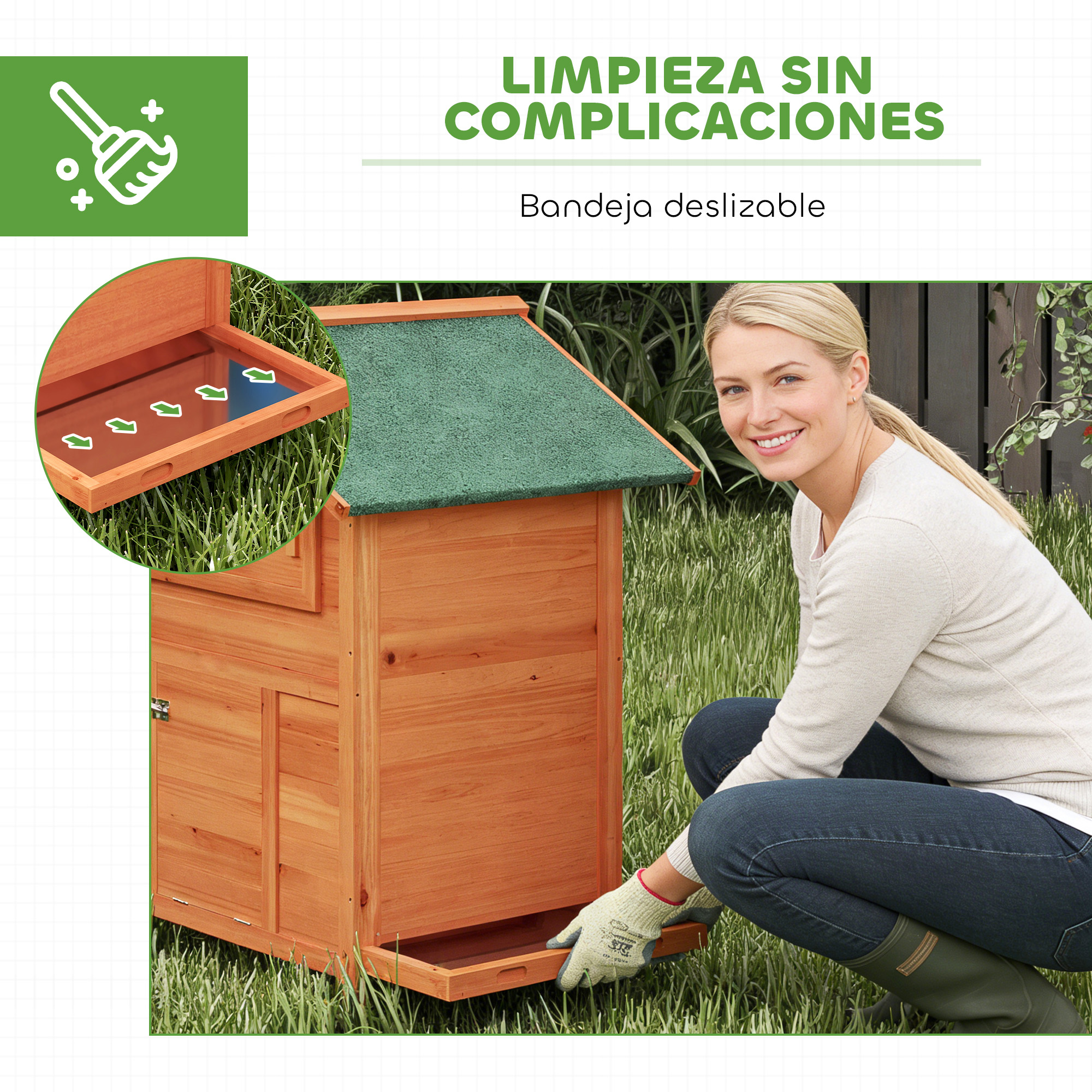 Una mujer con jeans y botas se arrodilla junto a una caseta de pollos de madera con techo verde.
