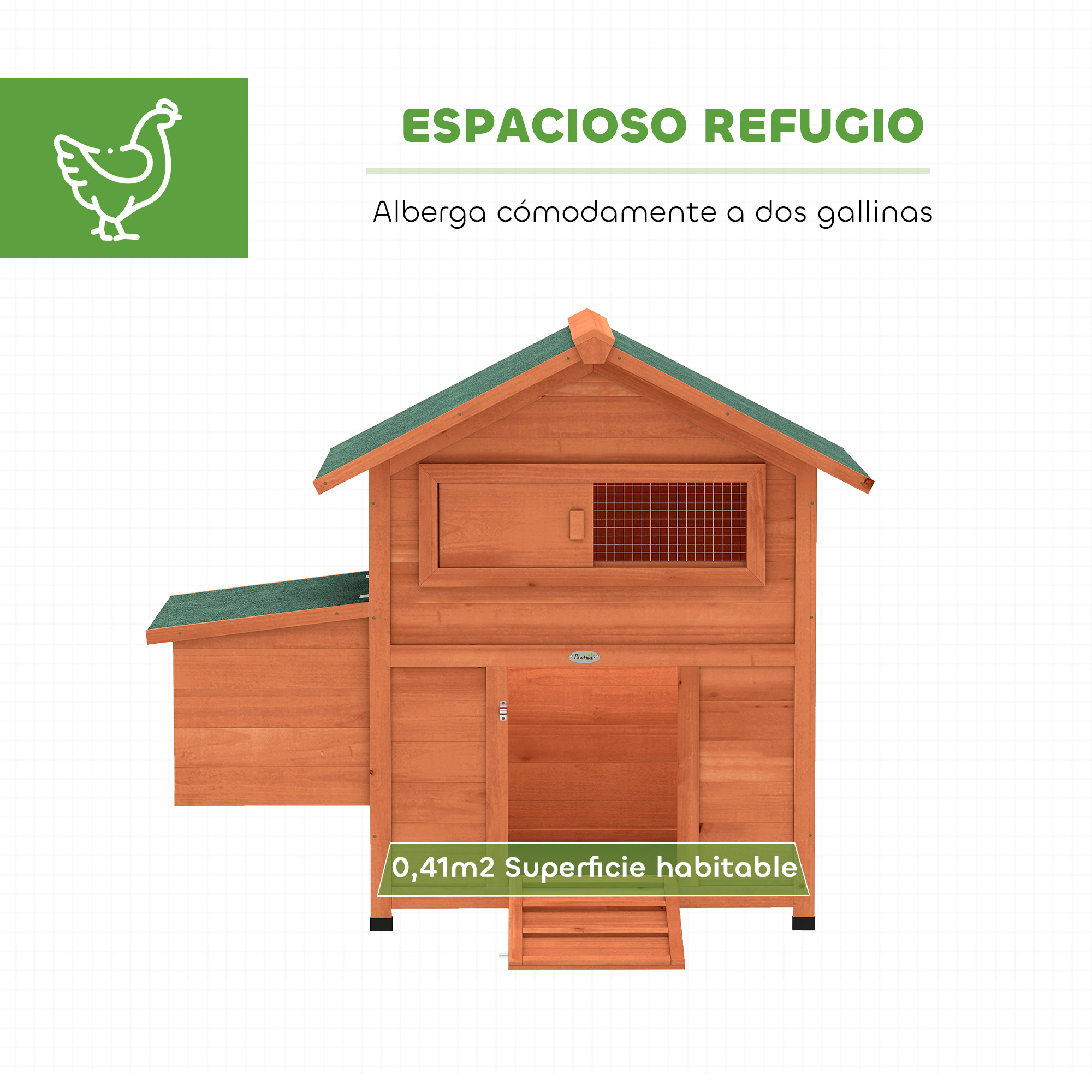 Gallinero de madera de dos niveles con techo verde.