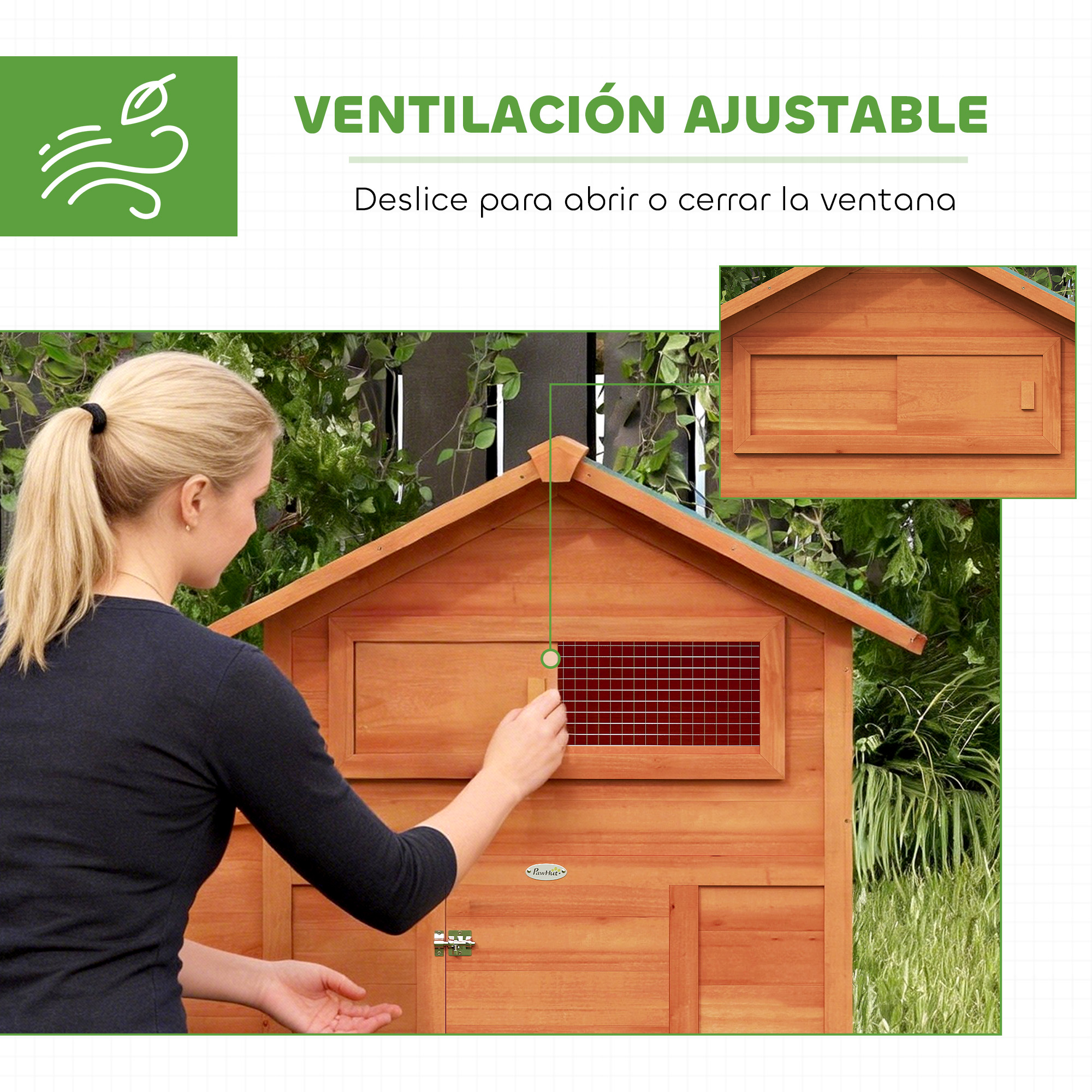 Una mujer abre una ventana en una casa de madera. Con rejilla y panel deslizante.