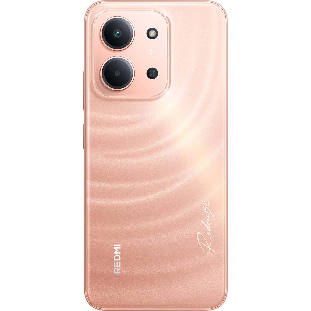 Çift kameralı, "Redmi" logolu, gül altın rengi bir akıllı telefon.