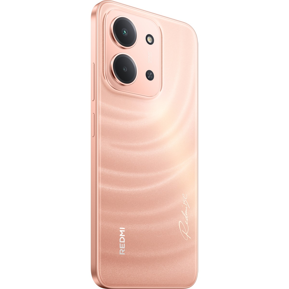 Arkada çift kameralı, roze altın rengi bir akıllı telefon.