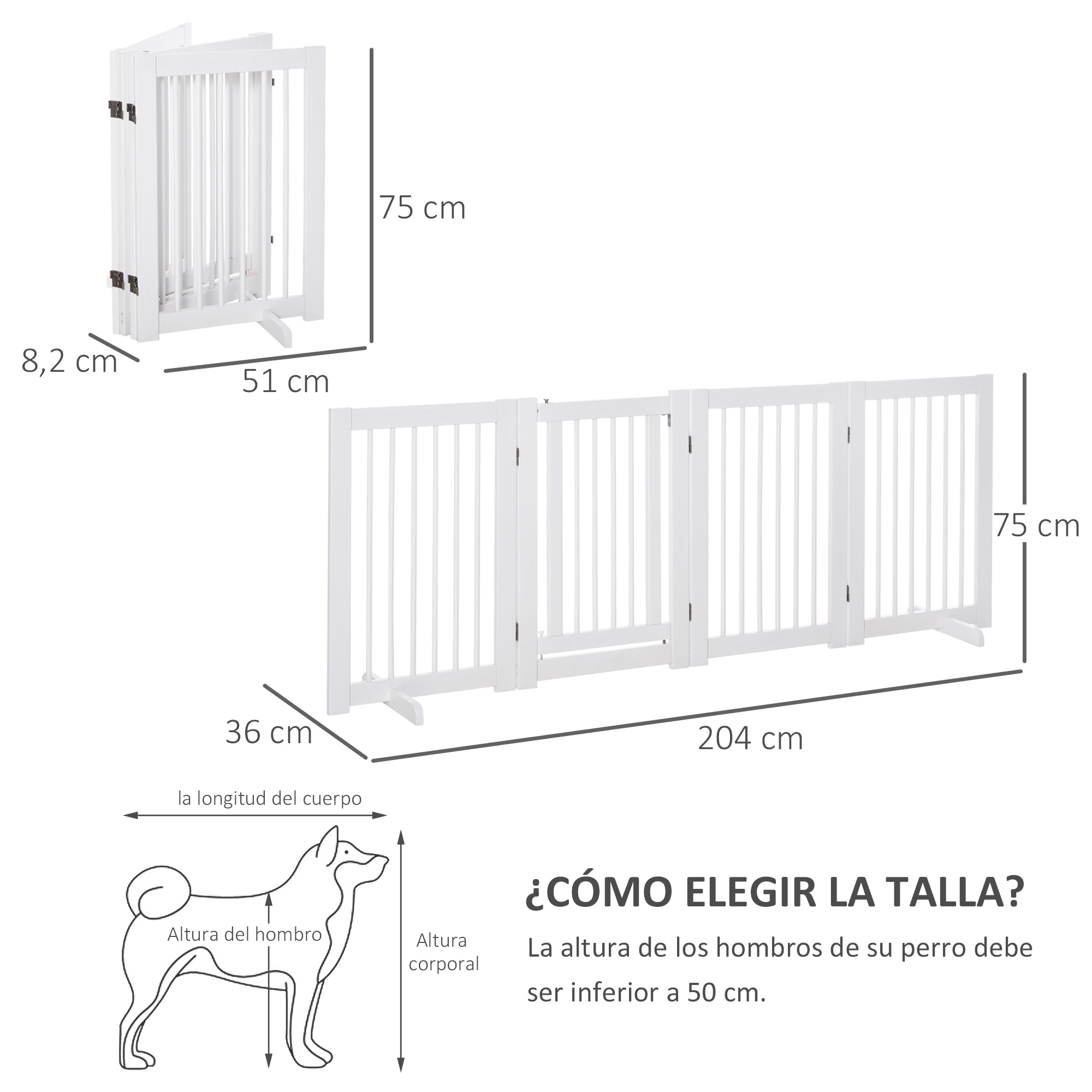 Puertas blancas para perros, medidas 75x51cm y 75x204cm. Diagrama de talla de perro.