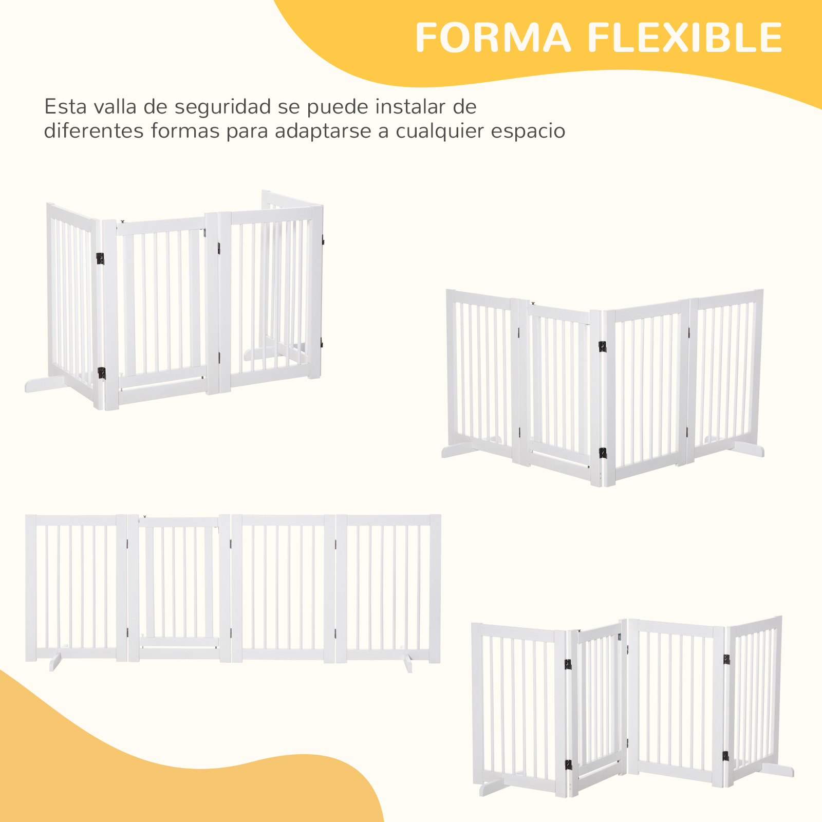Vallas blancas de madera para mascotas en varias configuraciones.