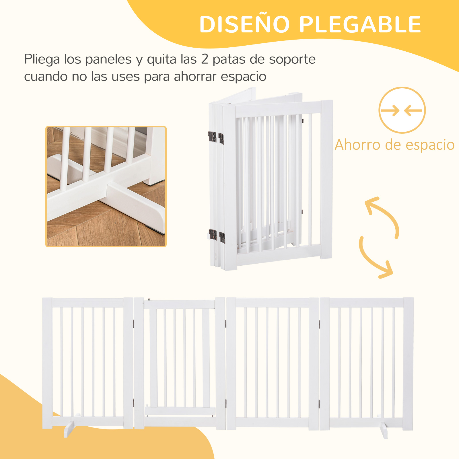Puerta blanca plegable de madera con listones verticales y patas.