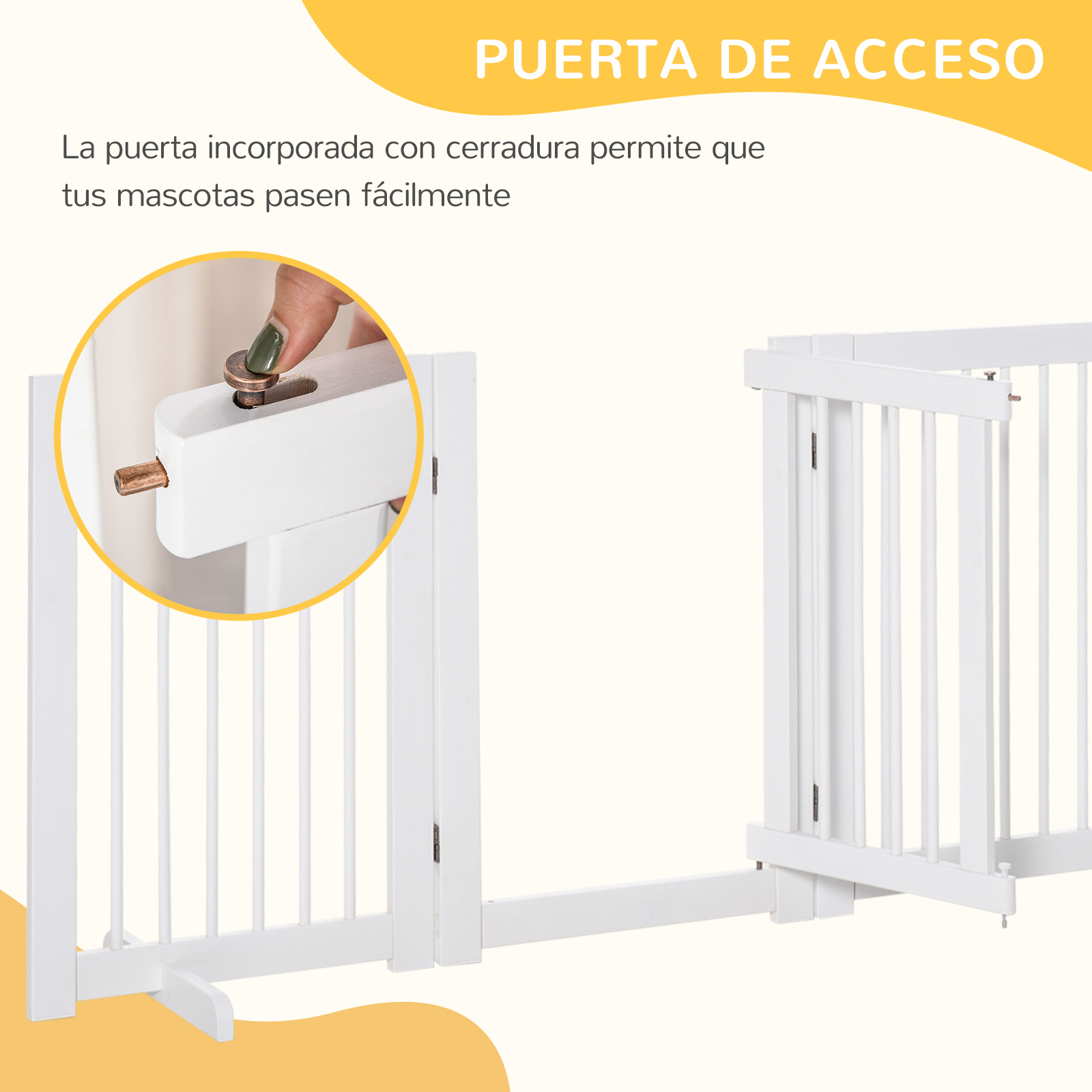 Puerta blanca para mascotas con mecanismo de bloqueo y soporte.