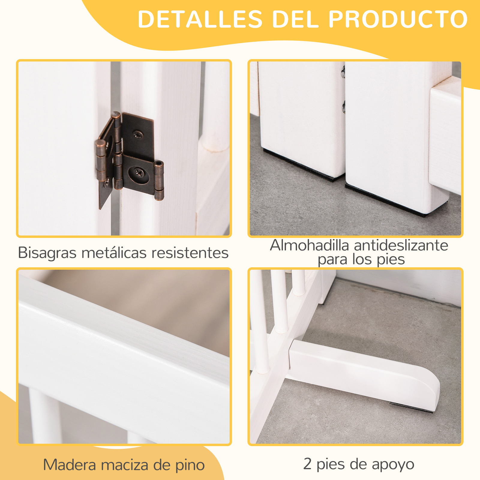 Imágenes del producto muestran bisagras, pies antideslizantes, madera de pino y dos pies de apoyo.