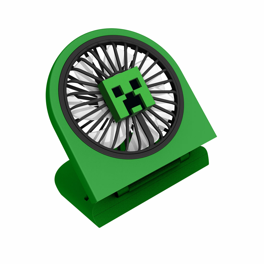 Ein grüner Minecraft Creeper-Ventilator mit schwarzen und weißen Rotorblättern.