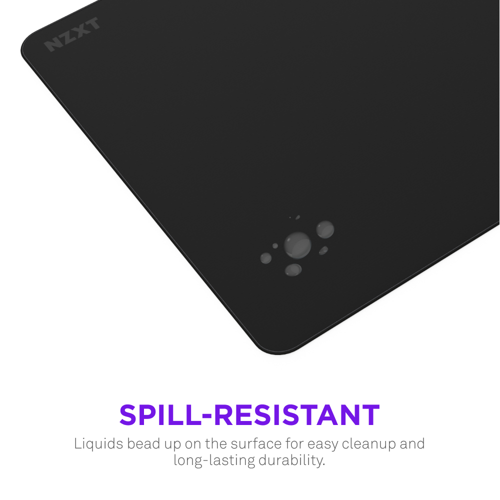 Zwart muismat met waterdruppels en NZXT-logo. Vlekbestendig.