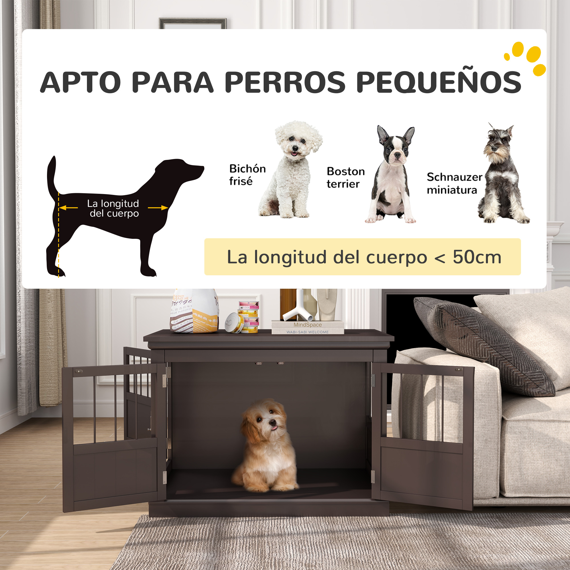 Ilustración de perros pequeños y gráfico de tamaño de perro sobre una jaula.