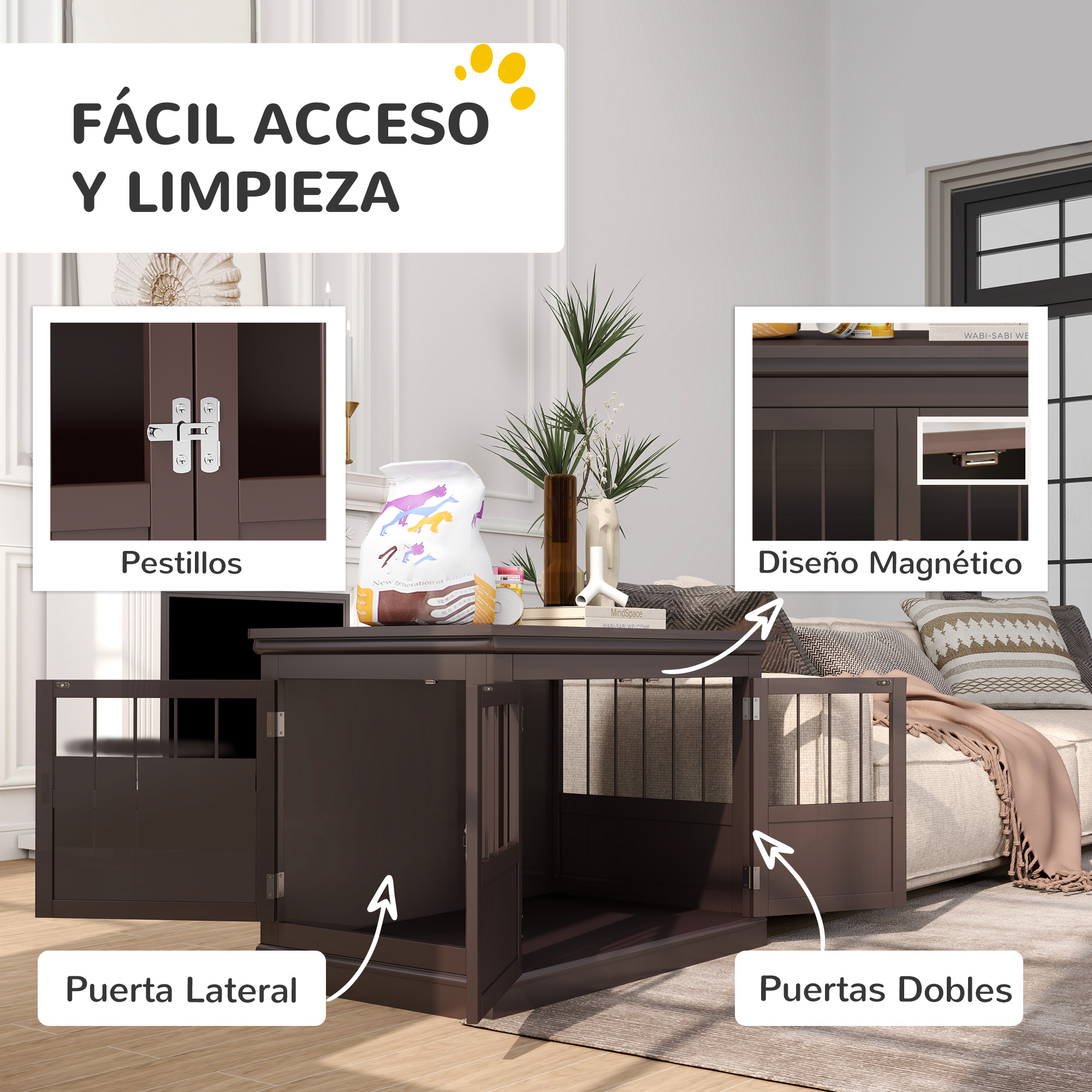 Jaula marrón oscura para perros con puertas abiertas y estante superior.