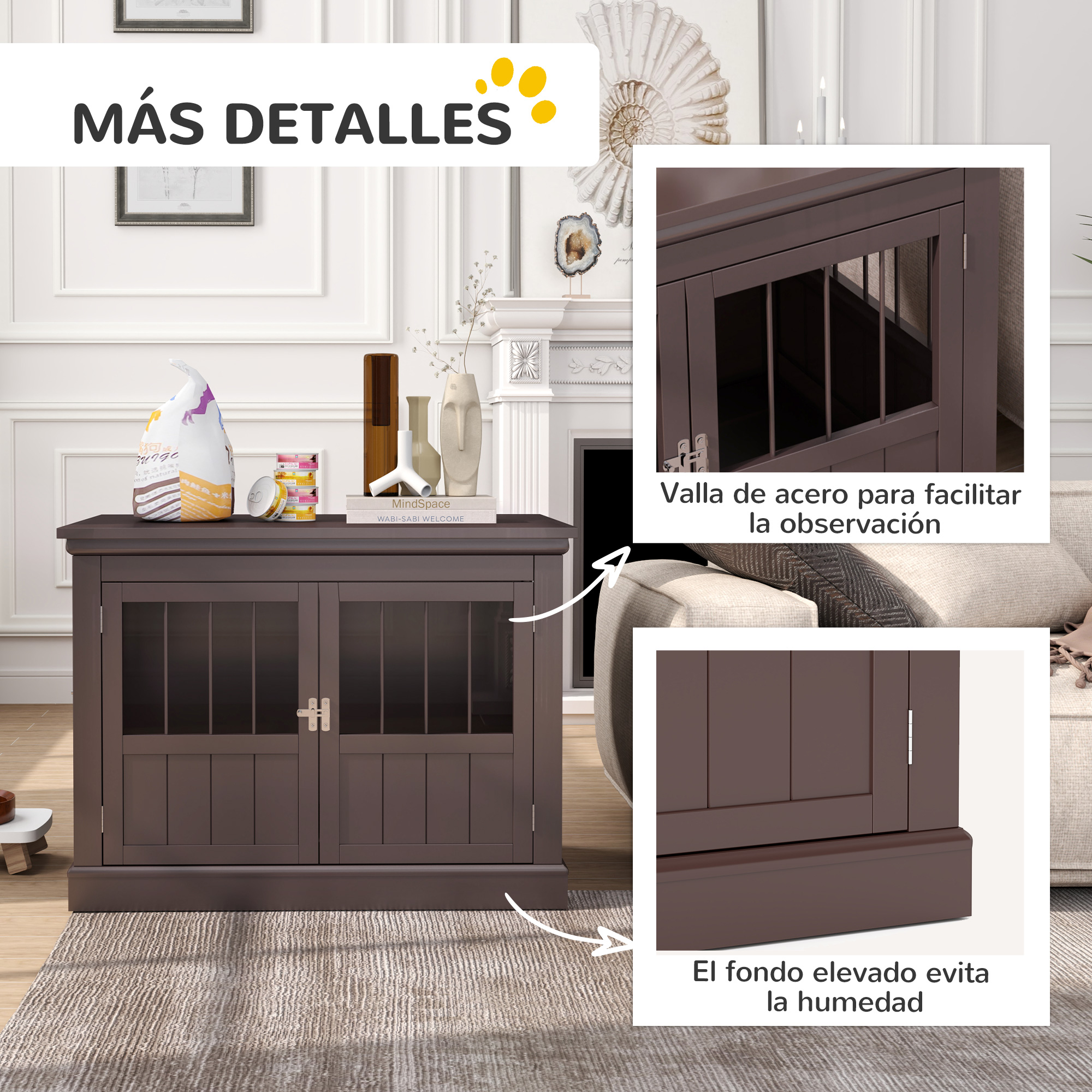 Jaula marrón oscura para perros con puertas de cristal y barrotes metálicos.