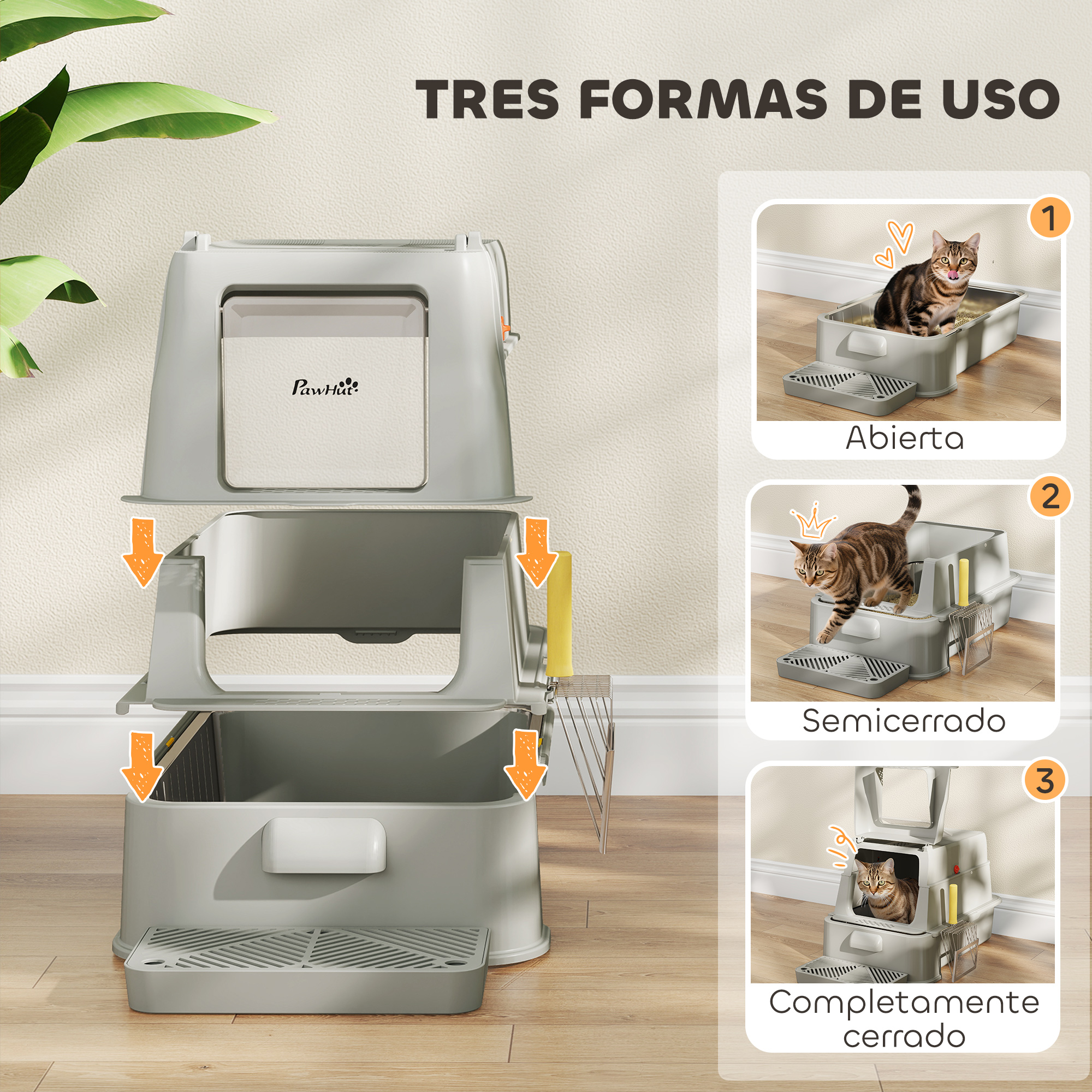 Una caja de arena gris mostrada en tres configuraciones: abierta, semicerrada y cerrada.
