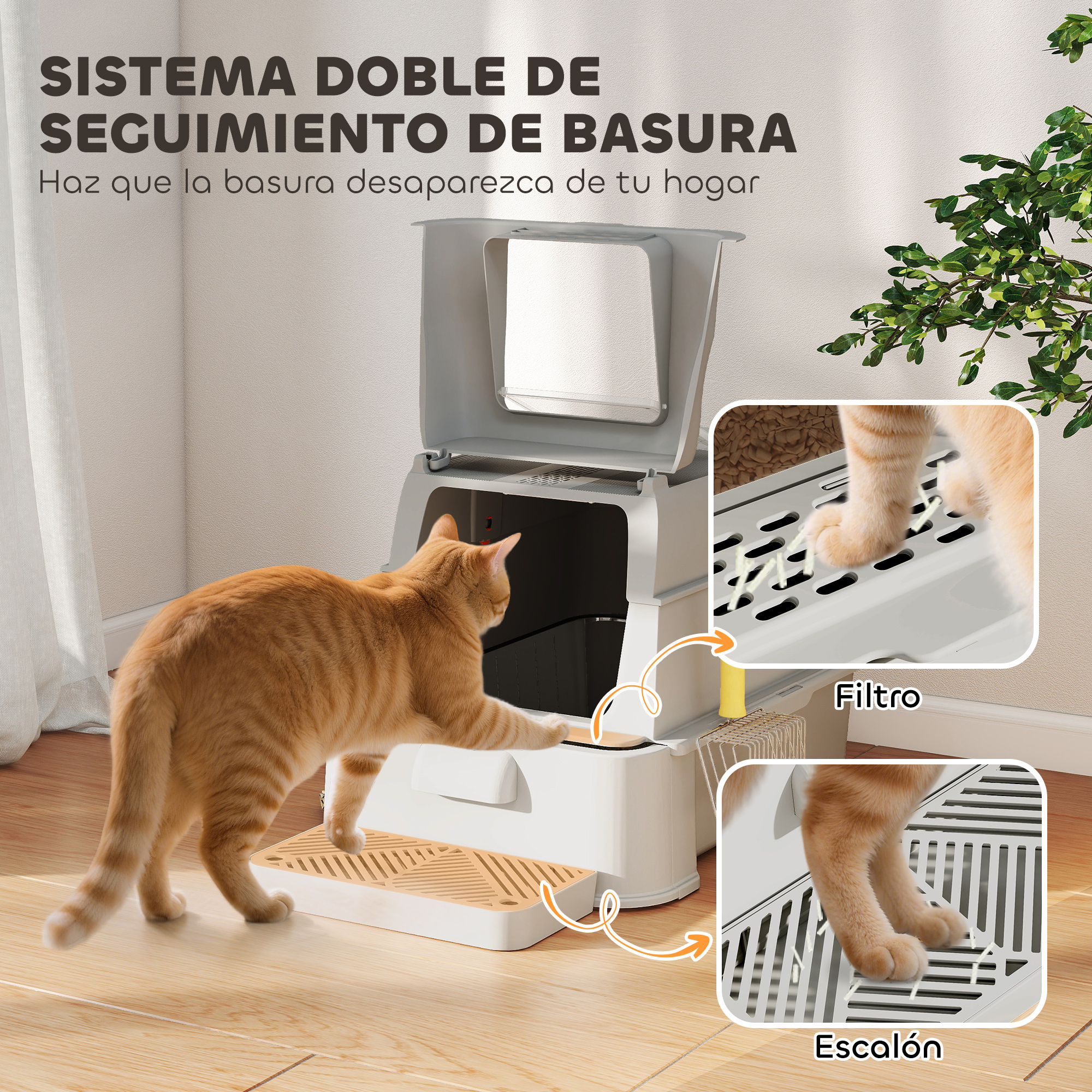 Un gato delante de una caja de arena de dos niveles. Primeros planos muestran filtro y escalones.
