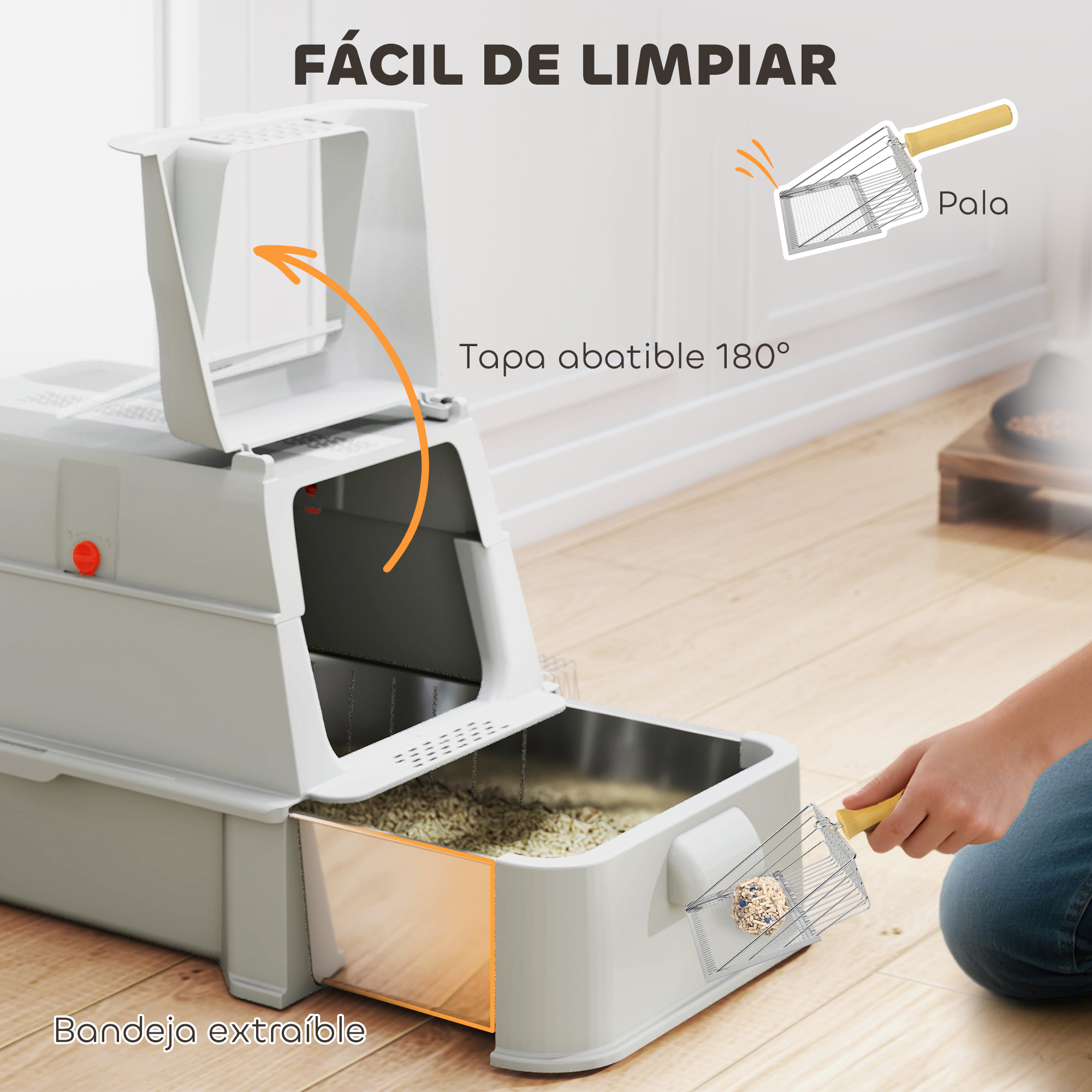 Se muestra una caja de arena gris con cajón extraíble y pala.