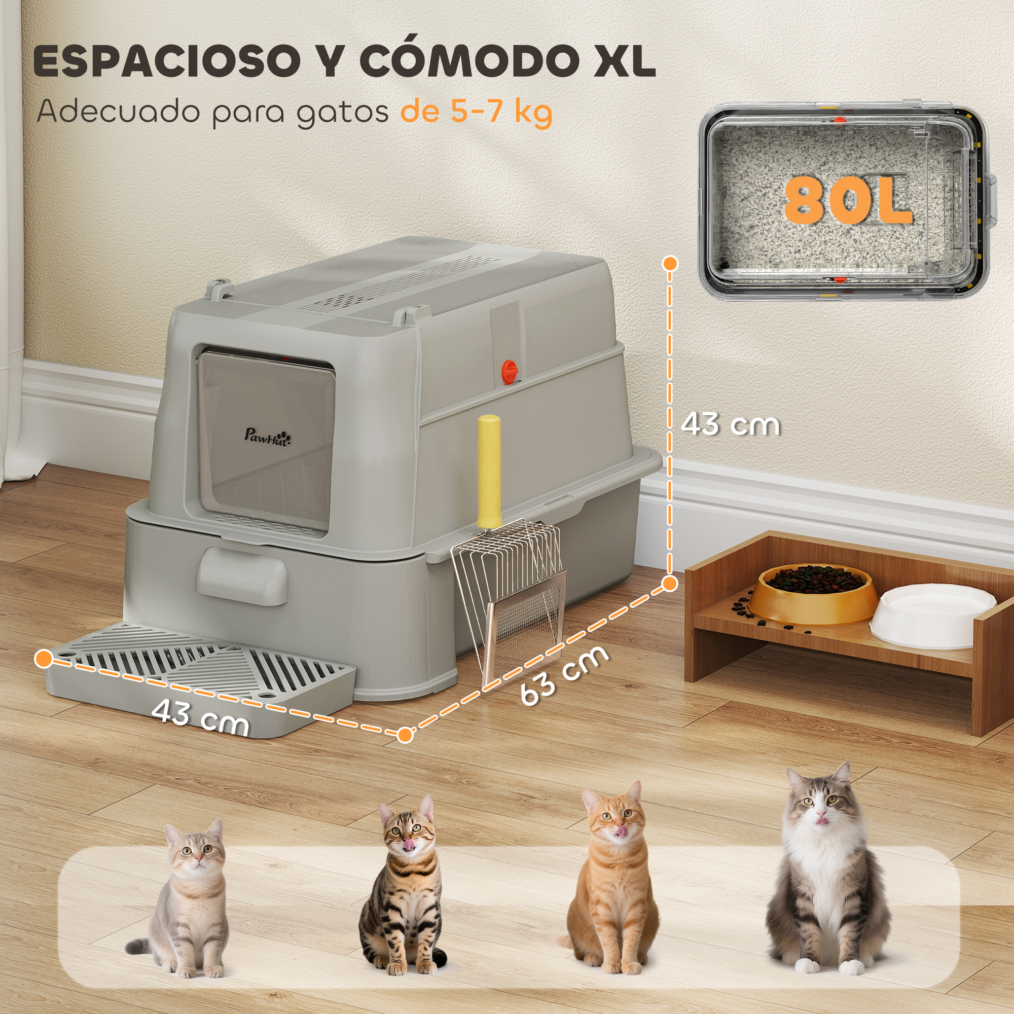 Un arenero grande y gris con pala. Cuatro gatos sentados delante.