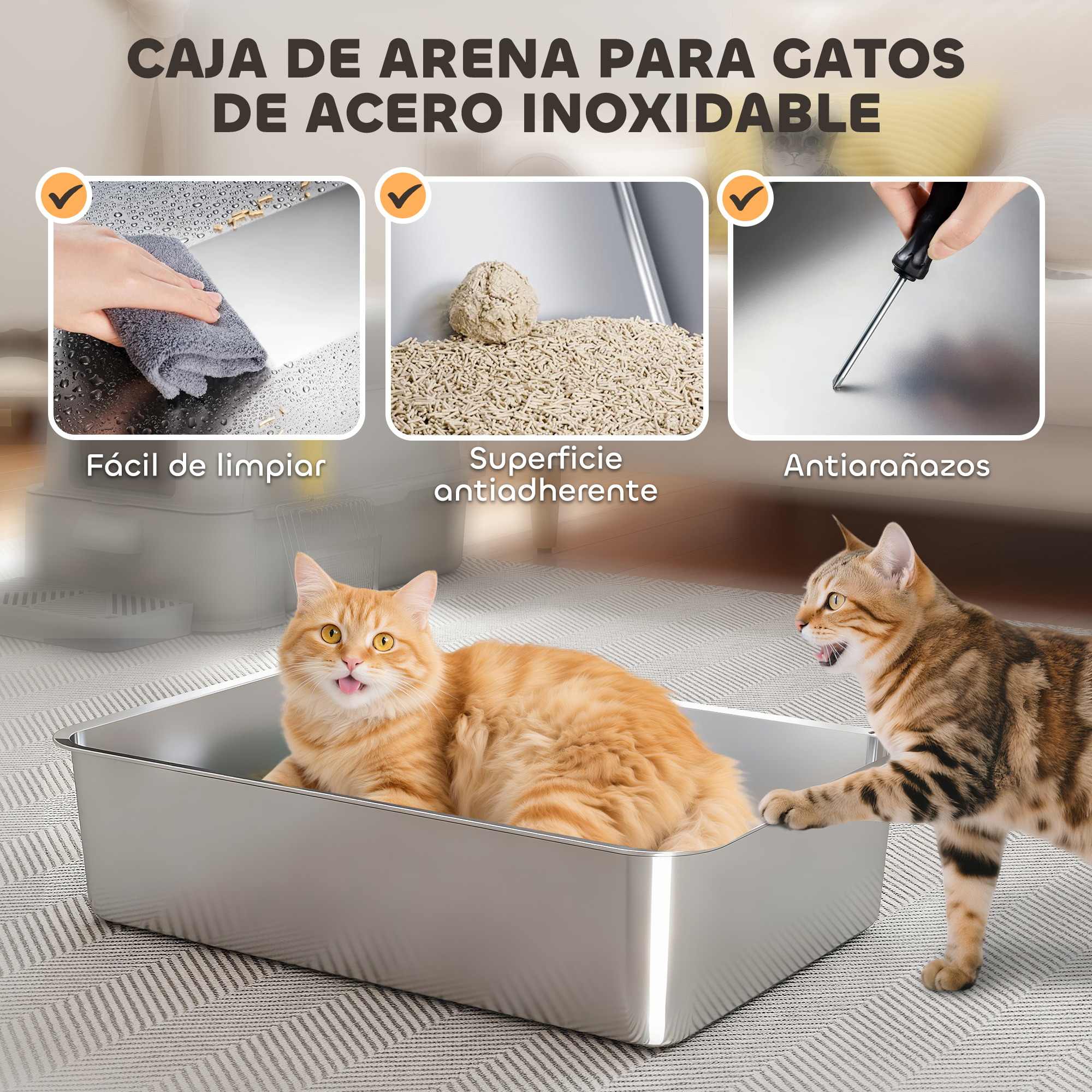 Bandeja para gatos de acero inoxidable con dos gatos. Fácil de limpiar.