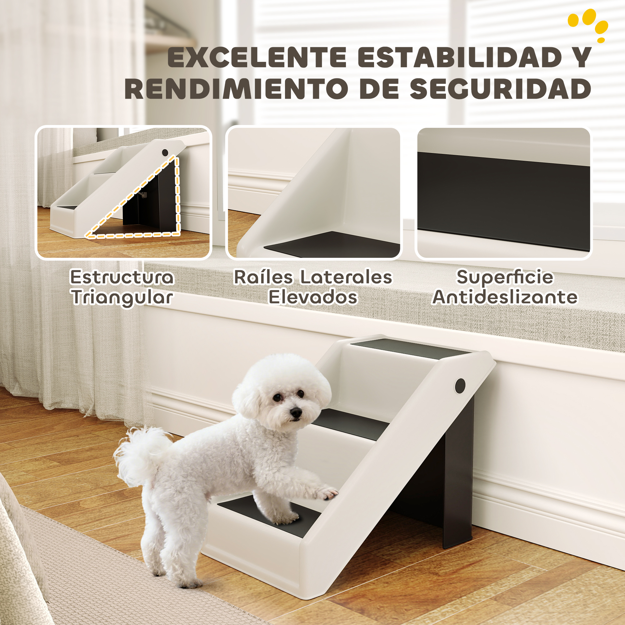 Un perro blanco está en una escalera blanca para perros con escalones negros.