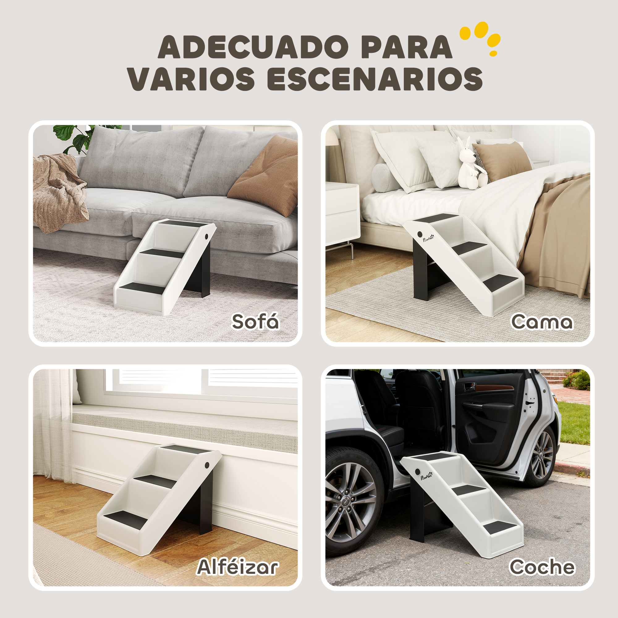 Un collage de cuatro imágenes muestra una rampa para perros en varios escenarios.