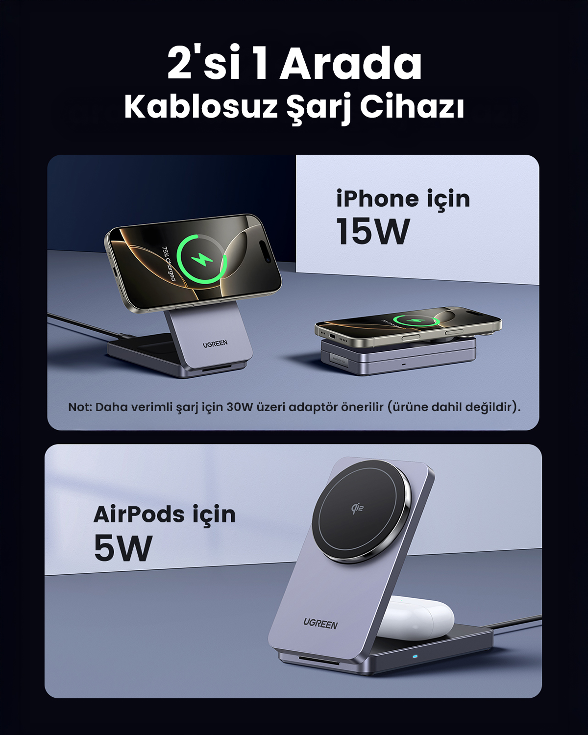 Ładowarka bezprzewodowa 2w1: iPhone 15W, AirPods 5W.
