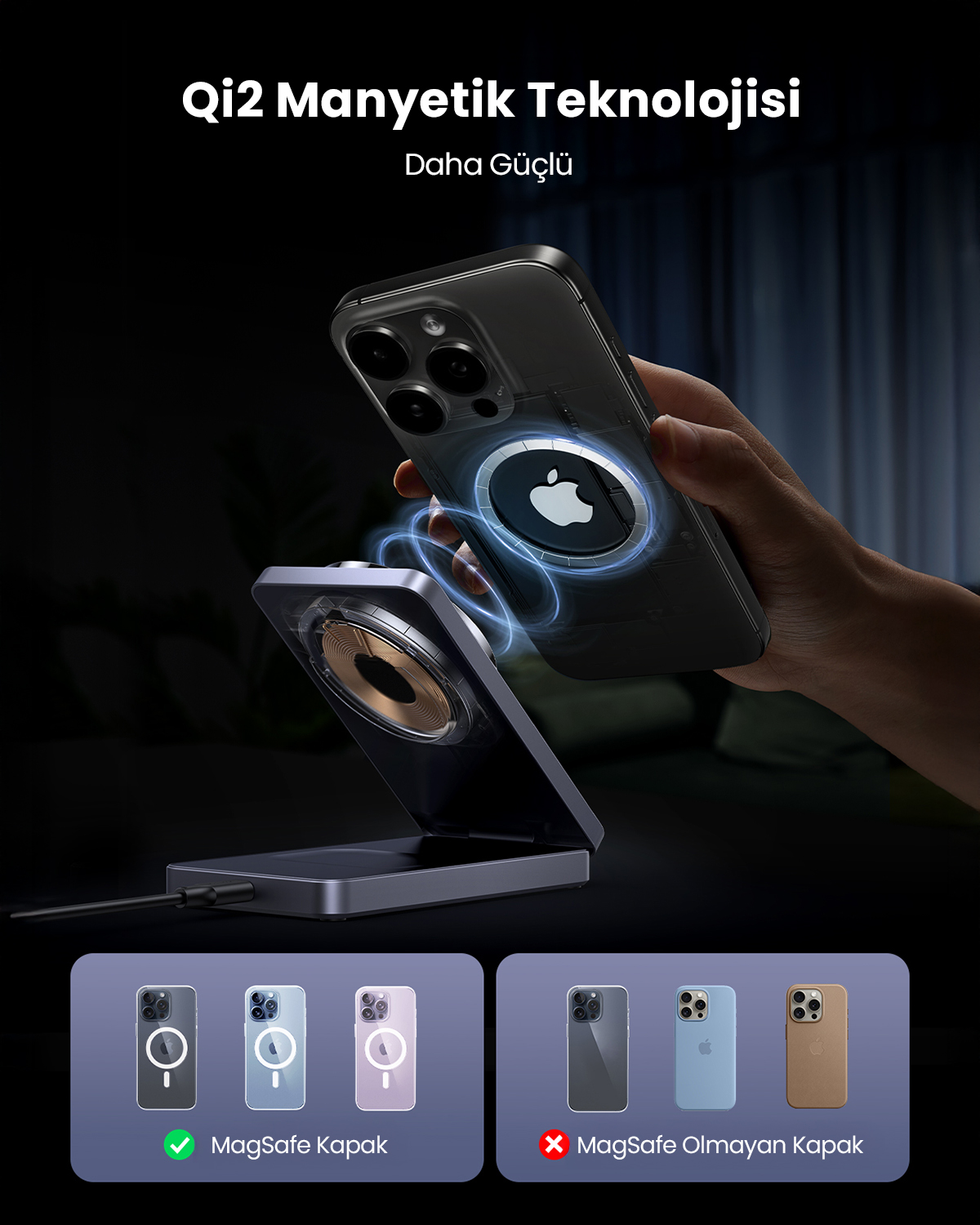iPhone magnetycznie łączy się z ładowarką Qi2. Wyświetlone są różne etui na telefony.