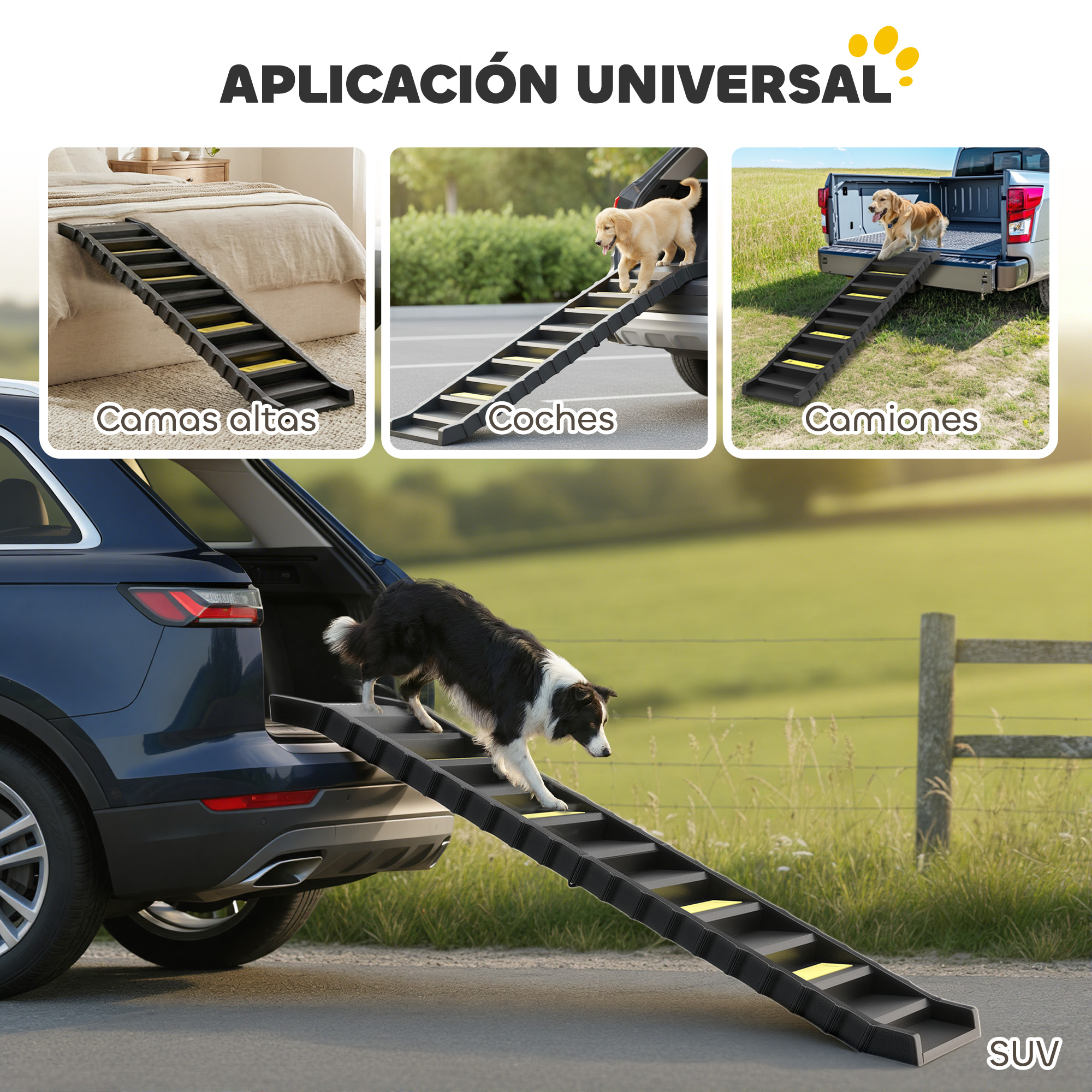 Un perro baja una rampa desde un SUV.