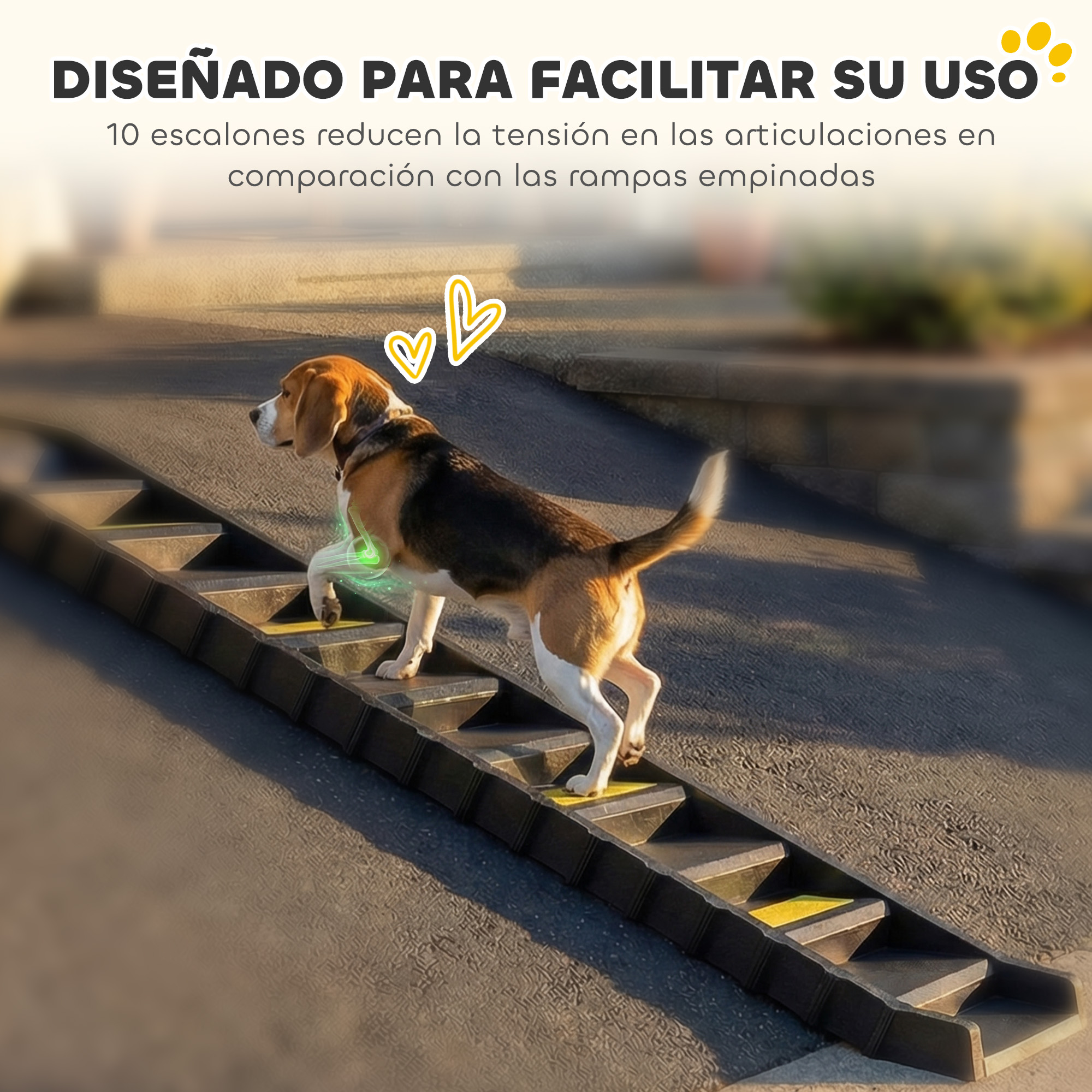 Un beagle sube una escalera negra con escalones amarillos y un símbolo de articulación.