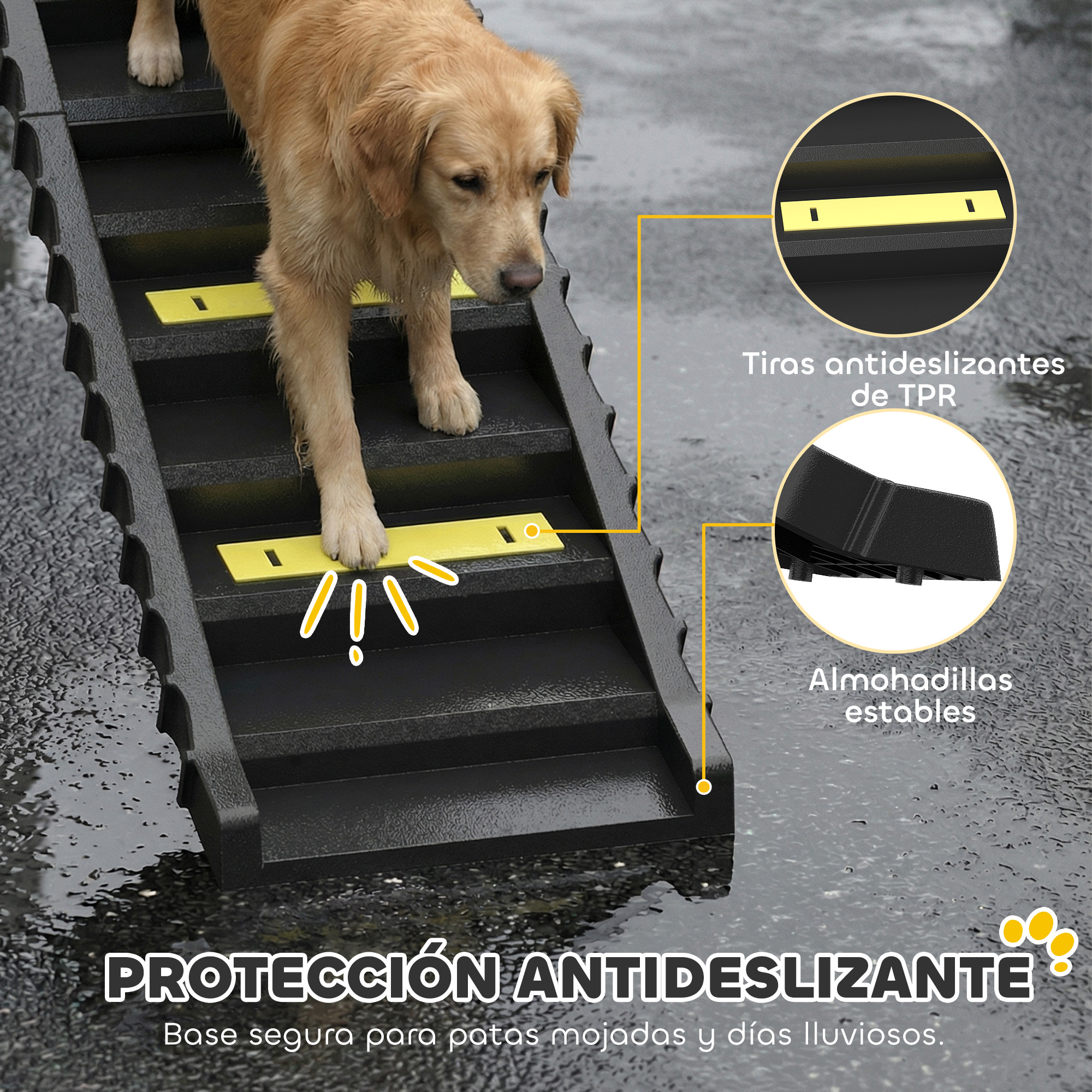 Un perro sube una rampa negra con tiras antideslizantes amarillas.