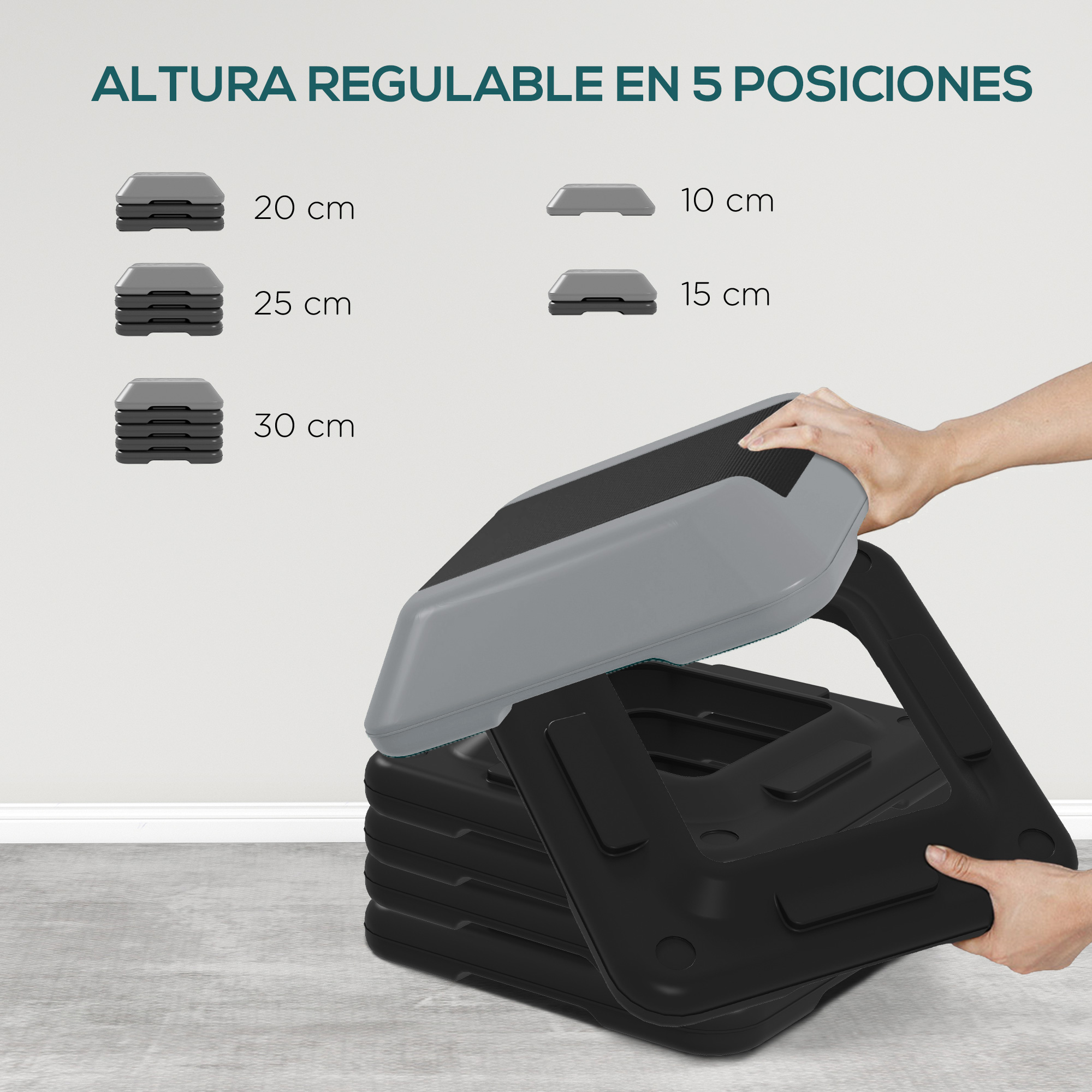 Steppers apilables en varias alturas: 10, 15, 20, 25, 30 cm. Una mano sostiene un stepper.