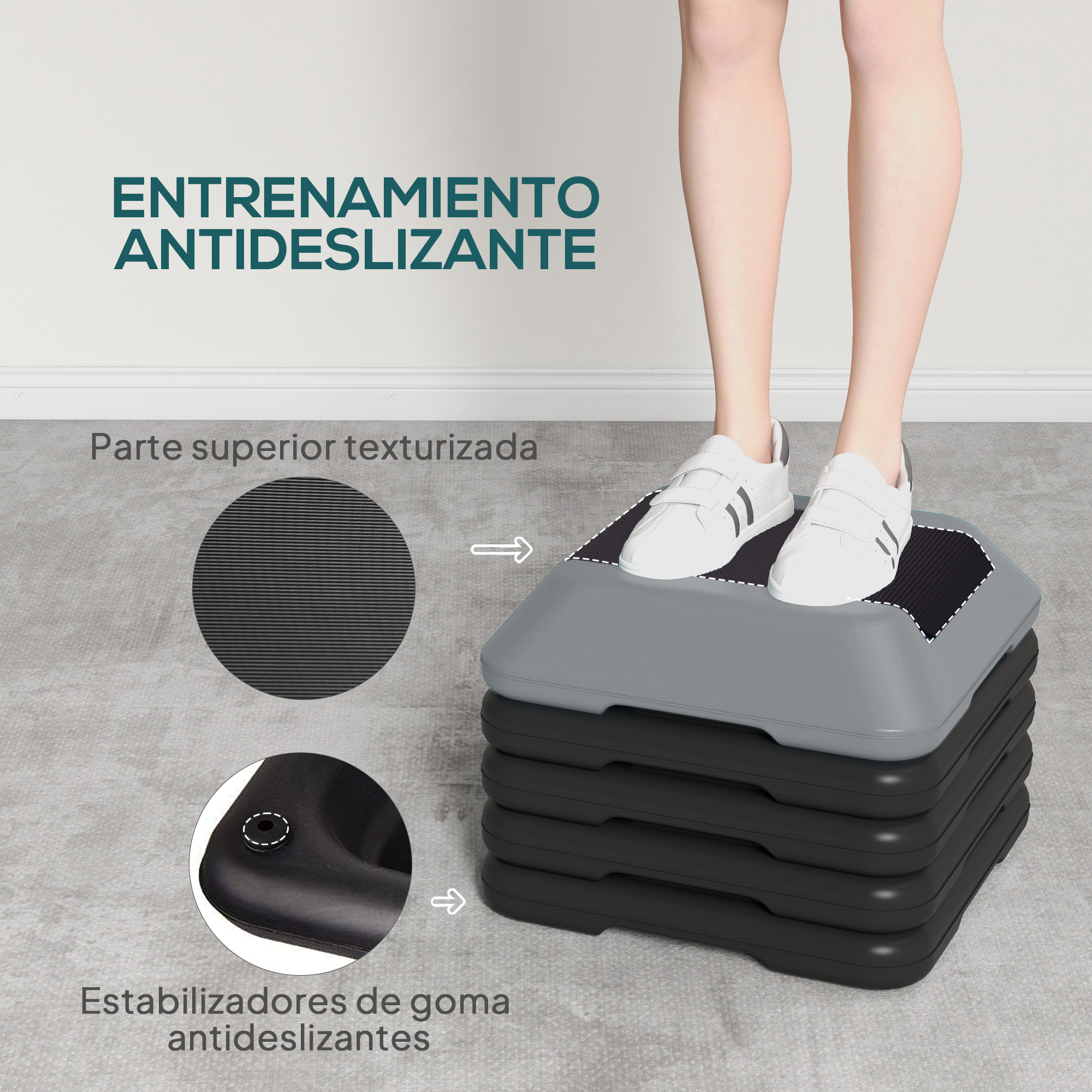 Persona de pie sobre escalones de fitness apilados con pies de goma y parte superior texturizada.