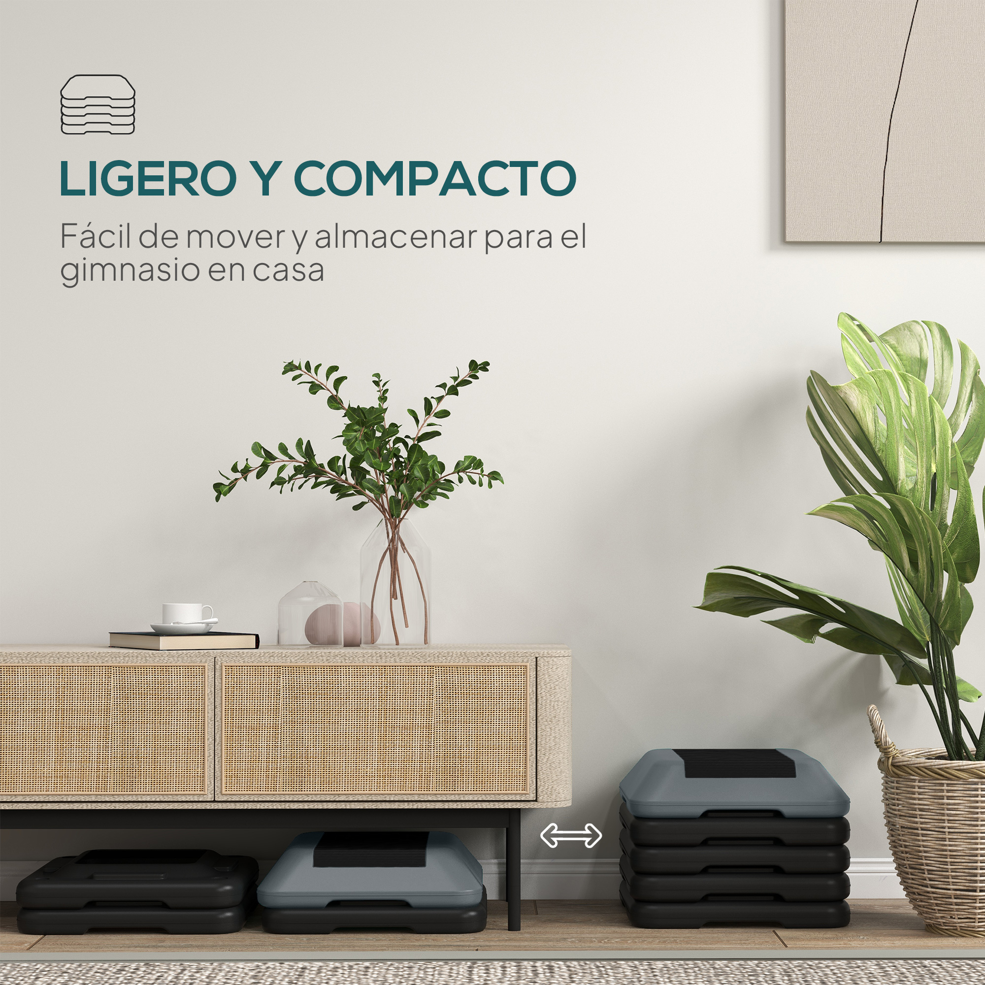 Una habitación moderna con un gabinete de ratán, plantas y plataformas de escalón apiladas.