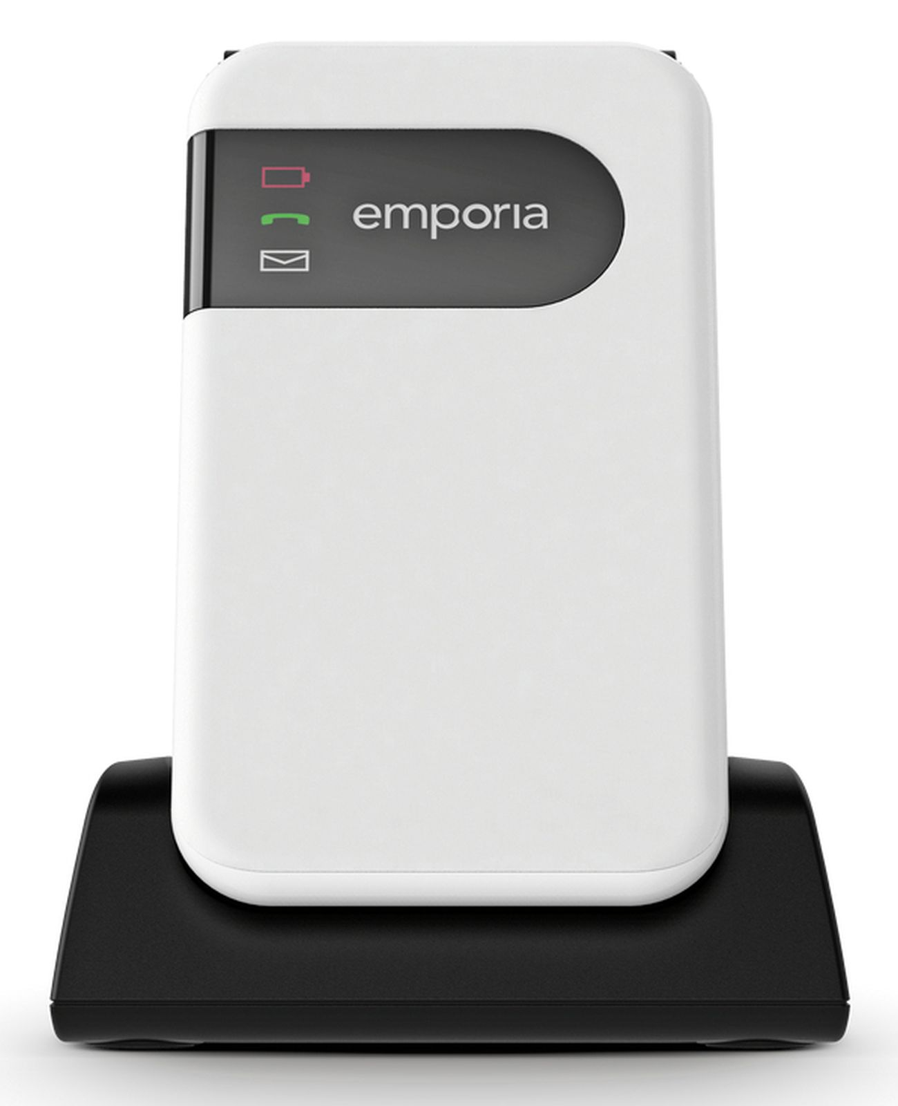Un telefono Emporia bianco su base di ricarica, con icone batteria e messaggi.