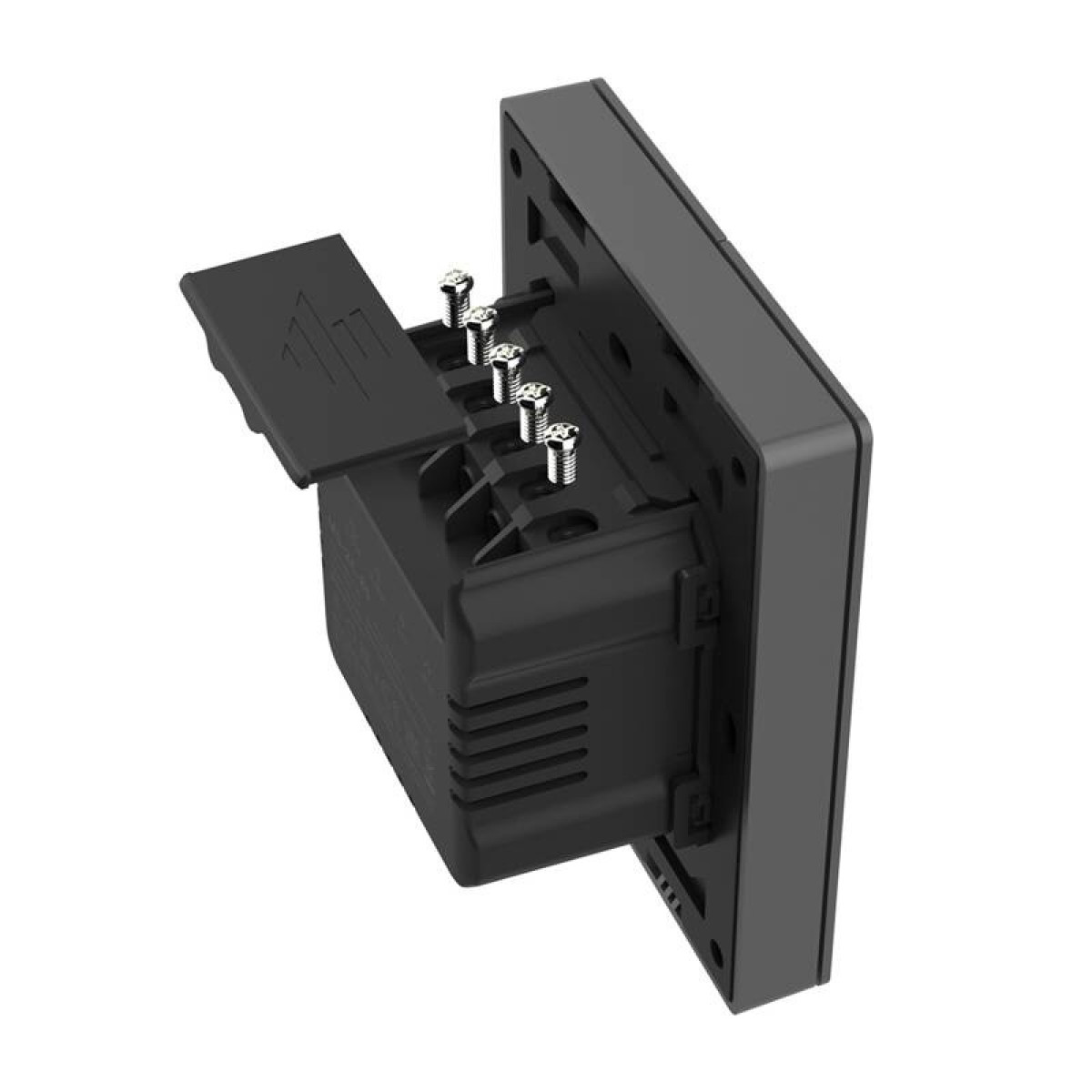 Czarny przełącznik z czterema śrubami i otwartą klapką.