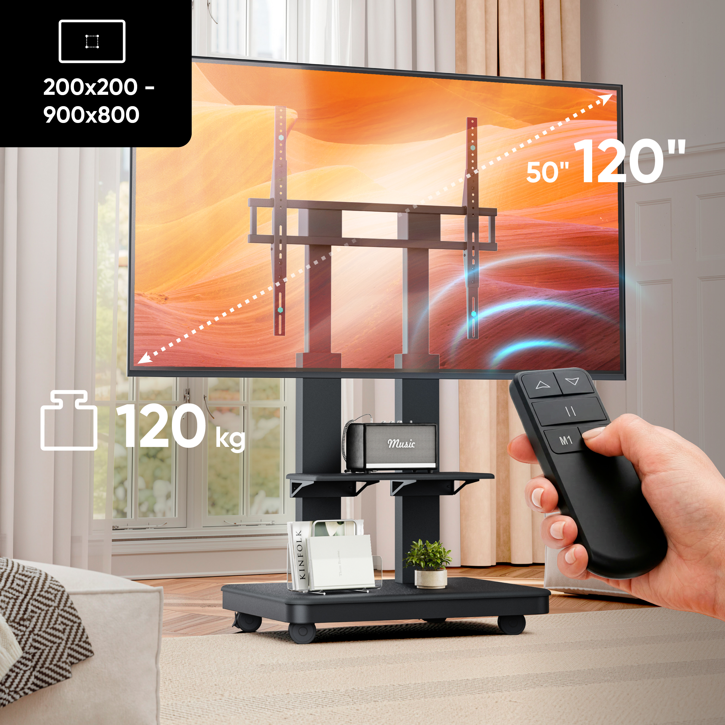 Un supporto TV con capacità di 120 kg, telecomando e altoparlante musicale.
