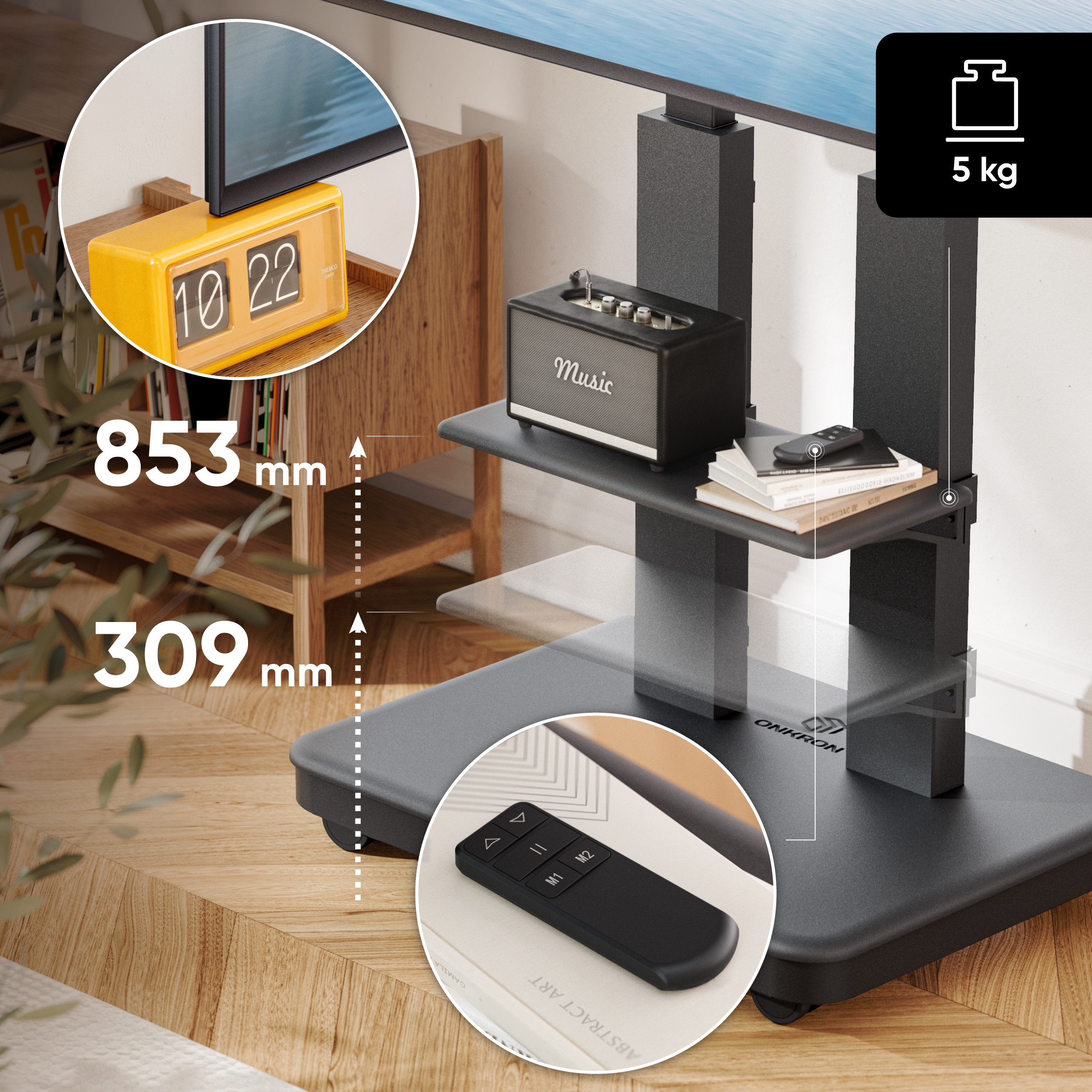 Un supporto TV nero con ruote, un altoparlante e una radio sveglia flip.