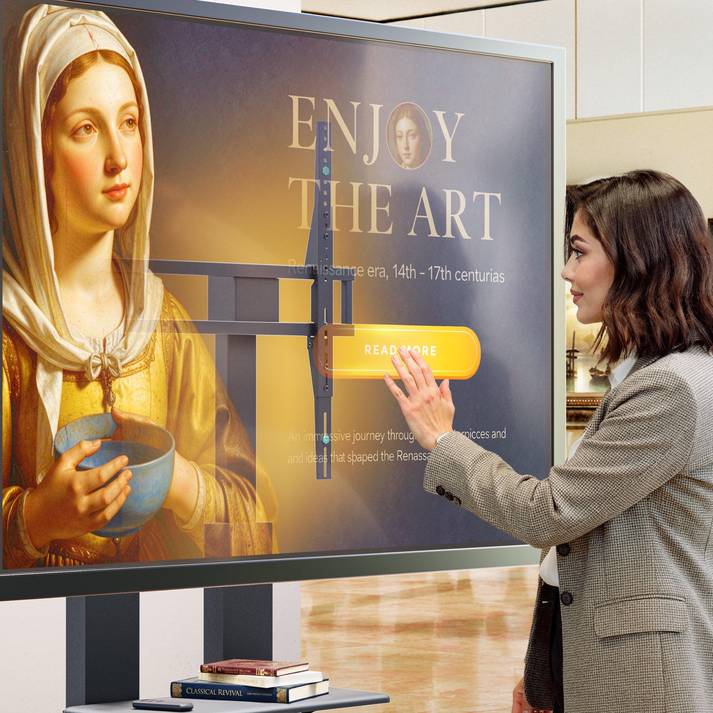 Donna interagisce con touchscreen mostrando arte e testo rinascimentale.