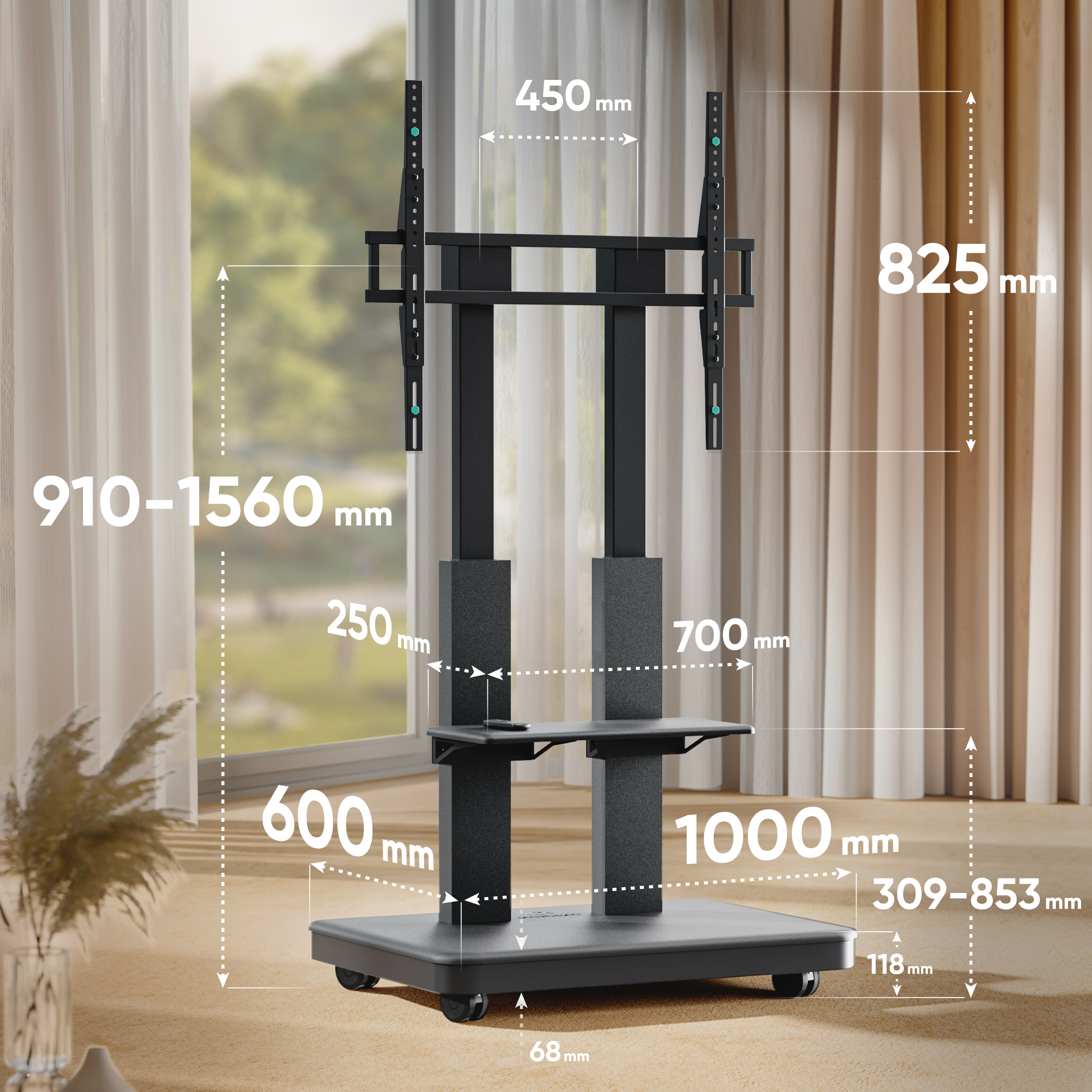 Un supporto TV nero su ruote con ripiano, dimensioni indicate.