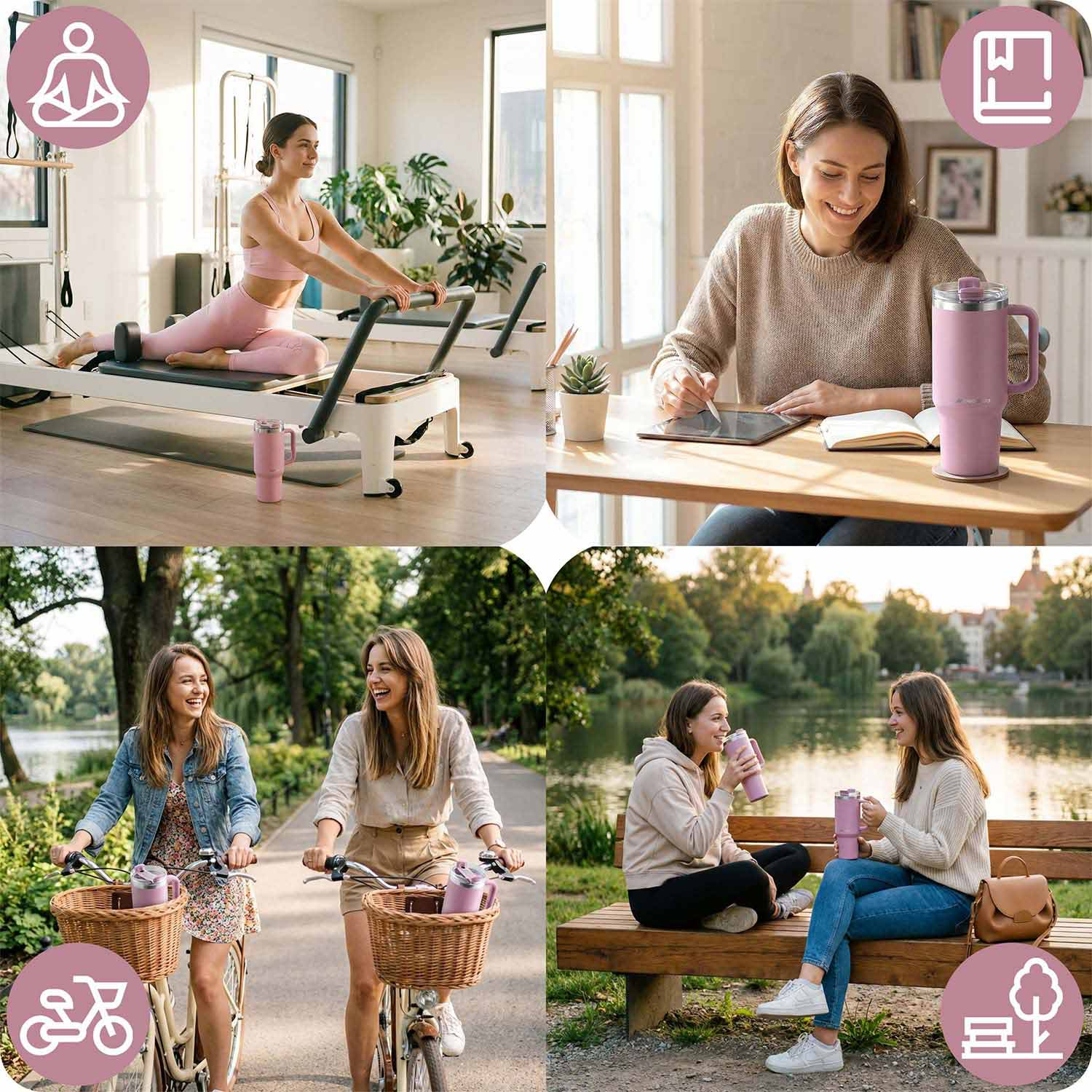 Cztery sceny: Pilates, praca, jazda na rowerze, relaks nad jeziorem z kubkami.