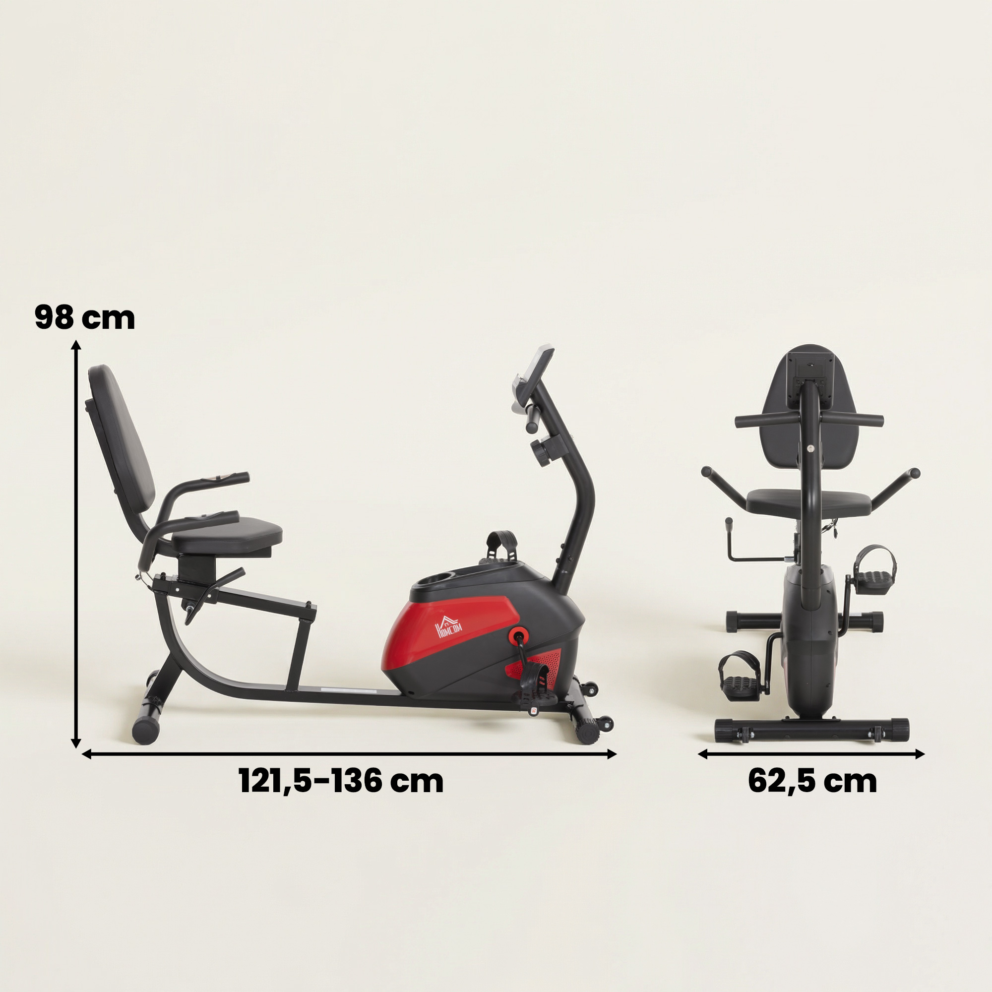 Una bicicleta estática reclinada negra y roja con asiento, pedales y reposabrazos, con dimensiones.