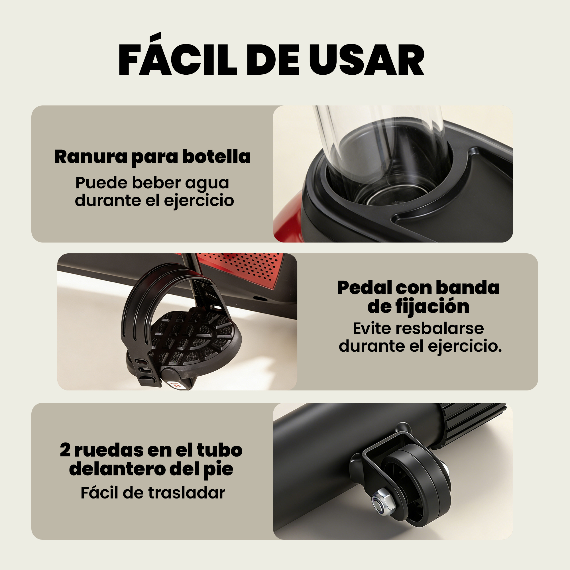 Equipo de ejercicio con portabotellas, pedales con correas y ruedas de transporte.