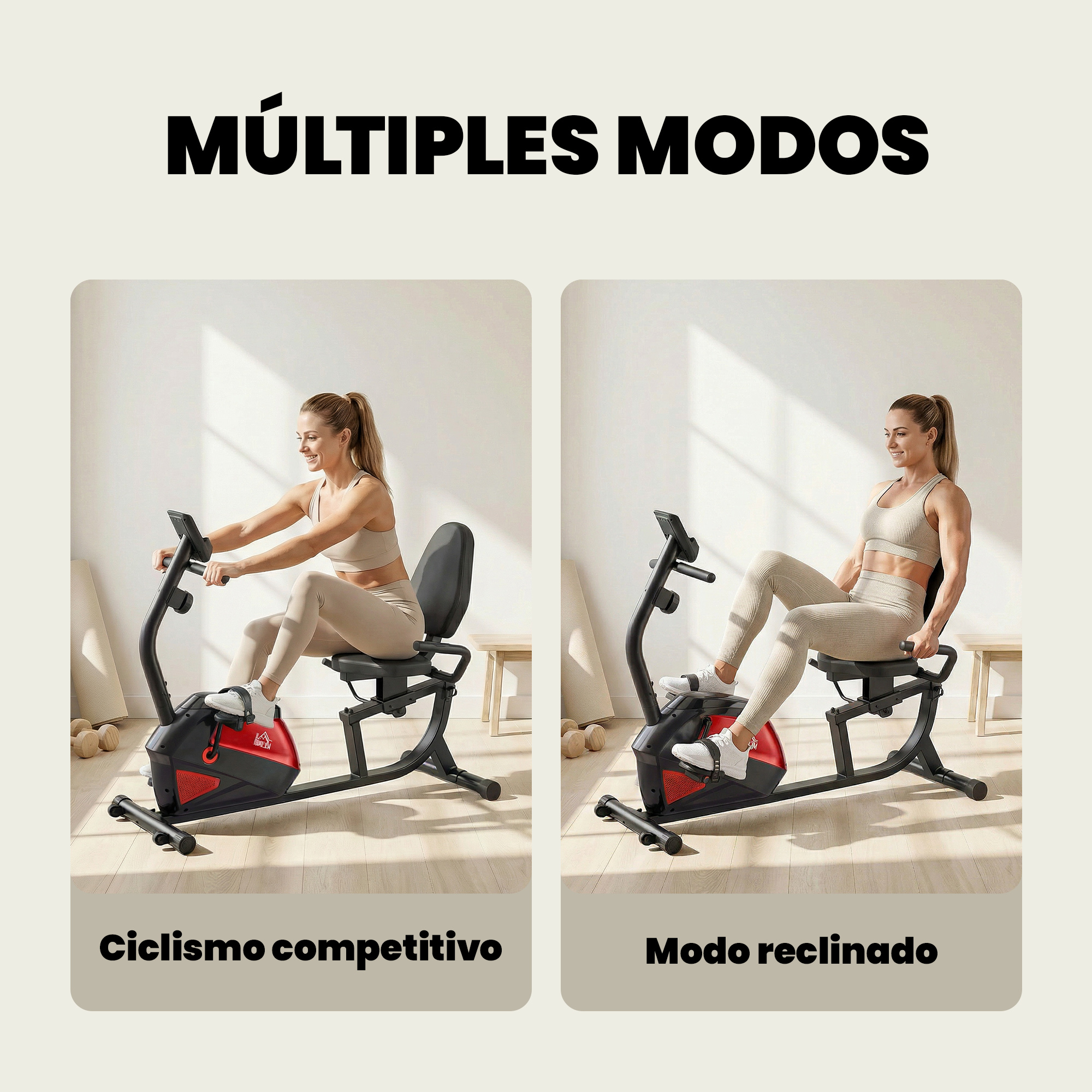 Mujer en bicicleta estática roja en dos posiciones: competitiva y reclinada.