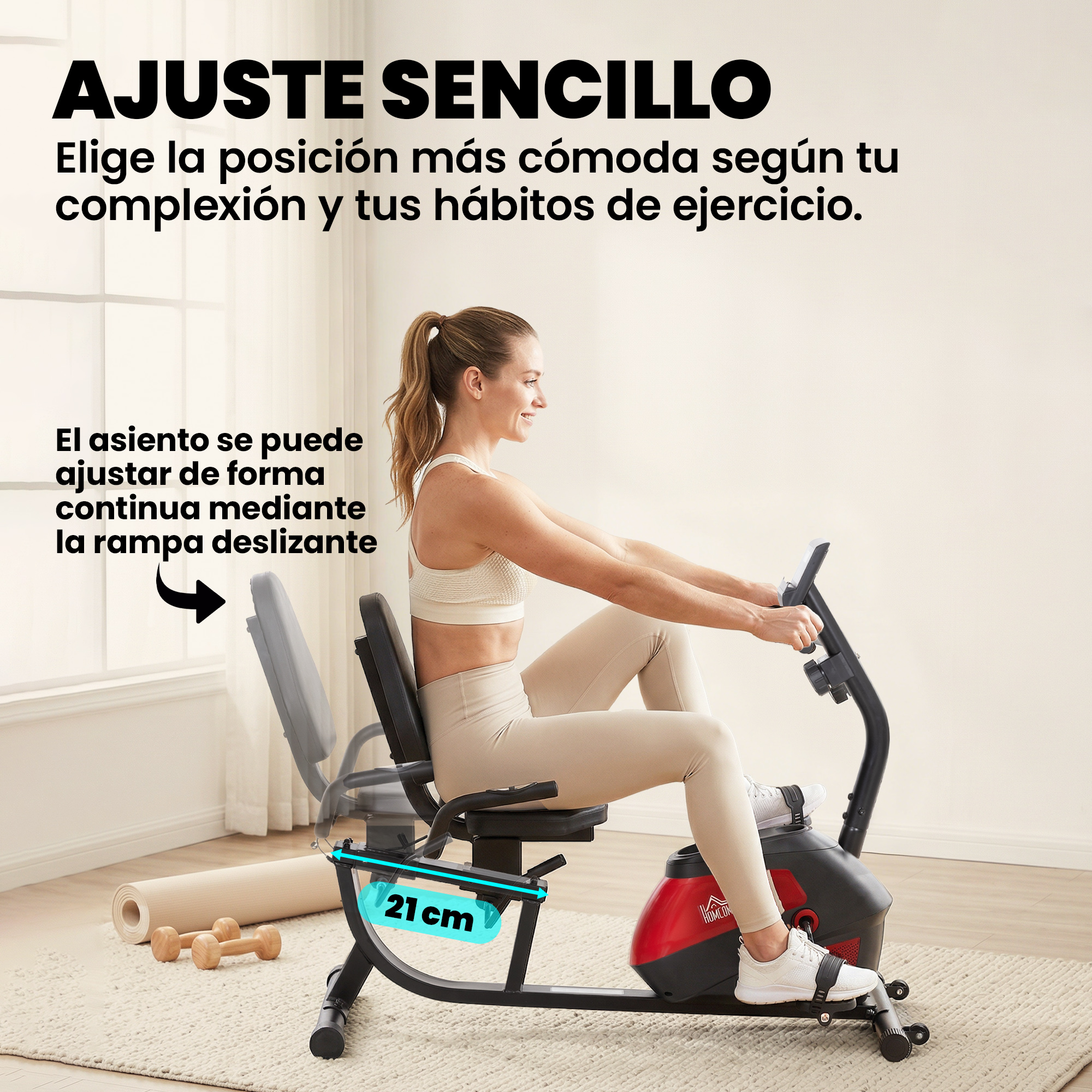 Mujer en bicicleta reclinada, asiento ajustable. Decoraciones de fondo.
