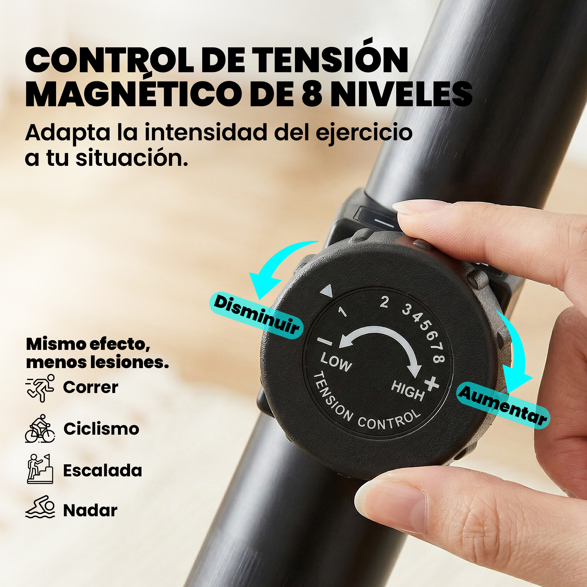 Mano ajusta perilla negra con números 1-8 para configurar la tensión del ejercicio.