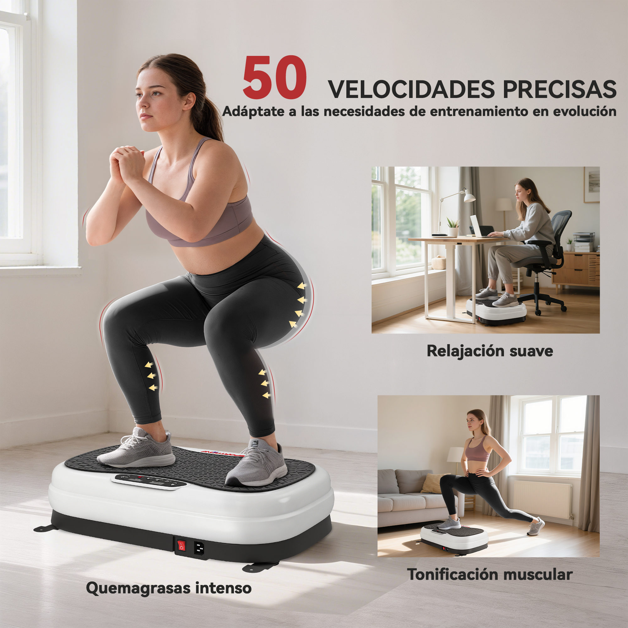 Mujer en sentadilla en placa vibratoria, mujer en escritorio, mujer en zancada.