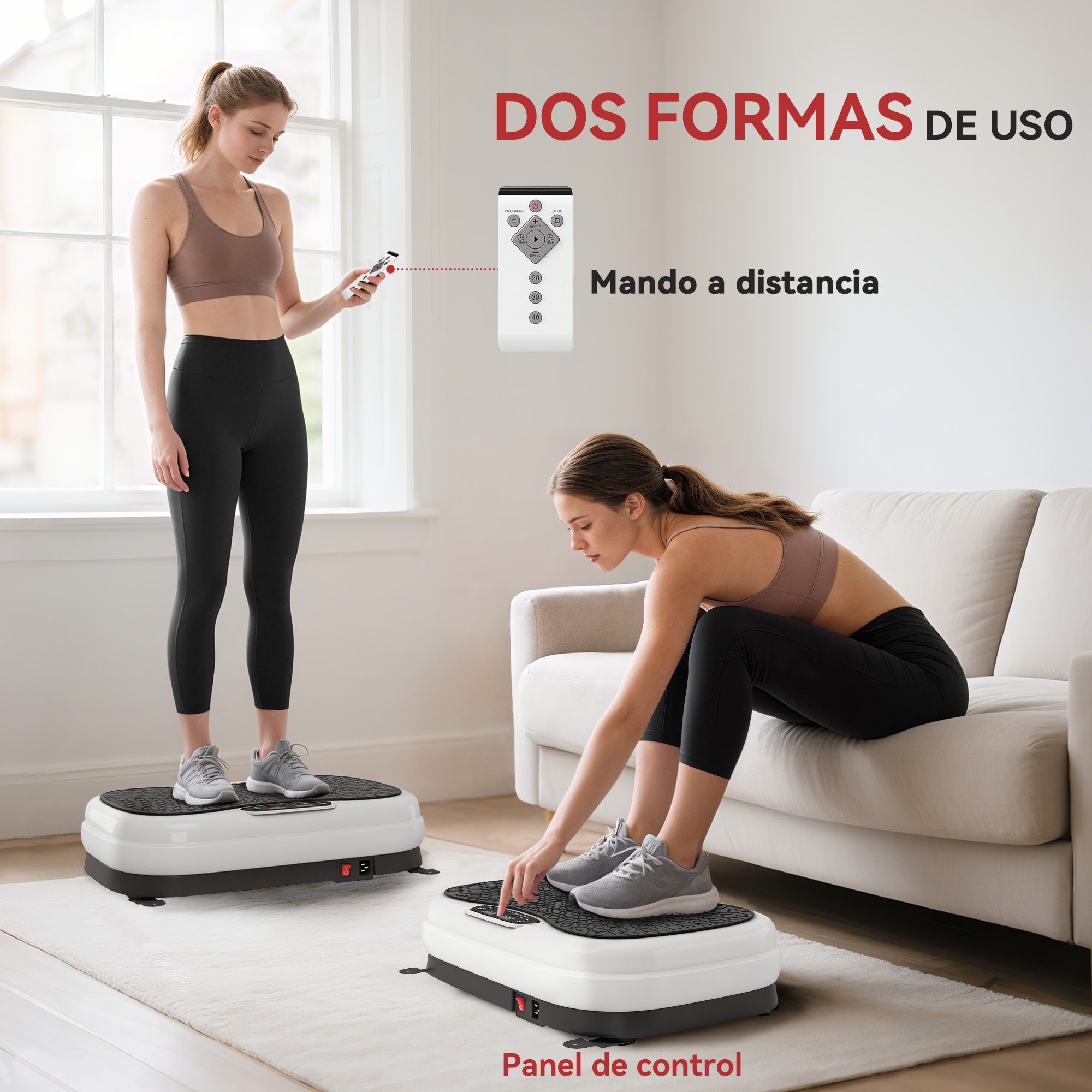 Dos mujeres usan plataformas vibratorias, una de pie, otra sentada. Mando a distancia mostrado.