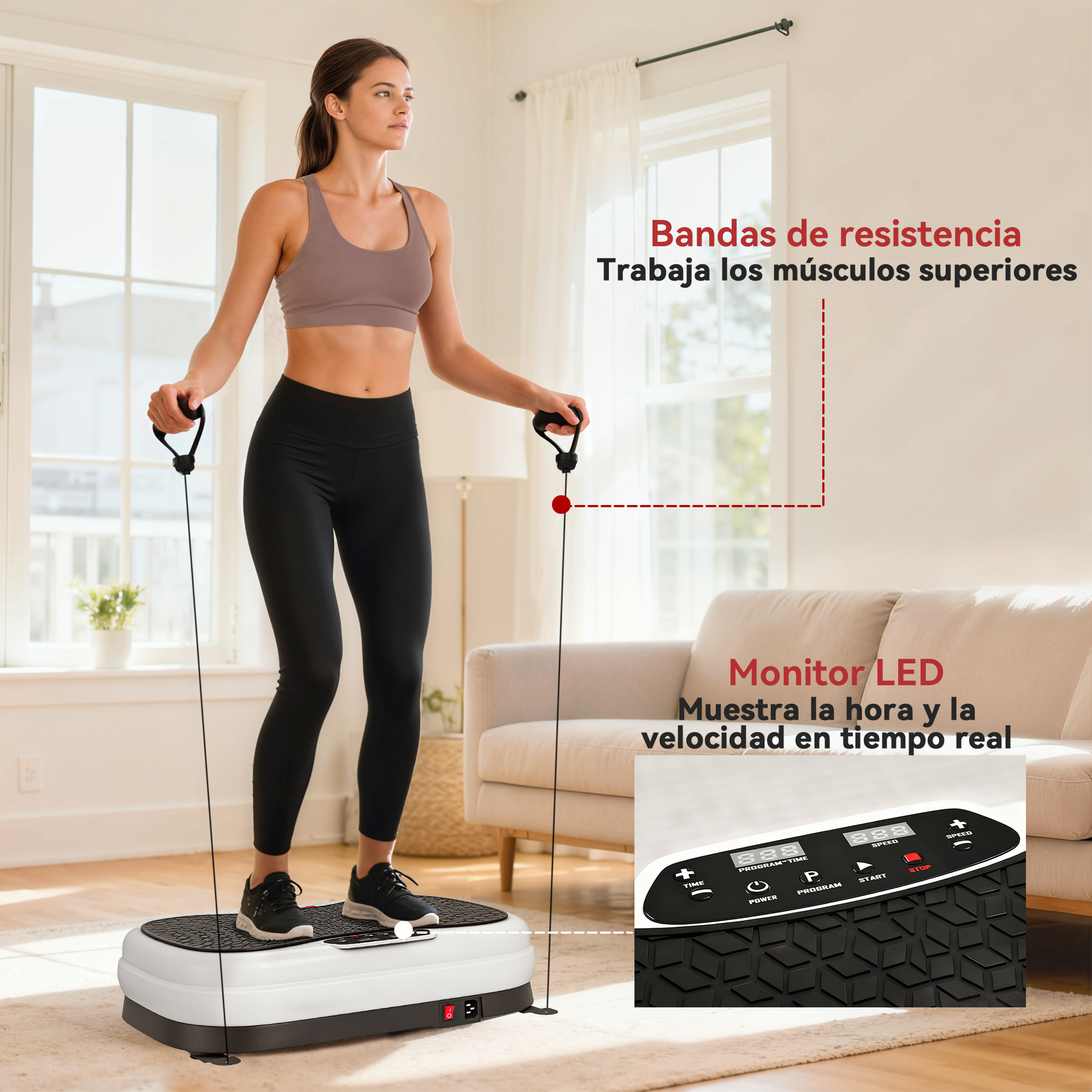 Mujer en plato vibratorio con bandas de resistencia, pantalla LED.
